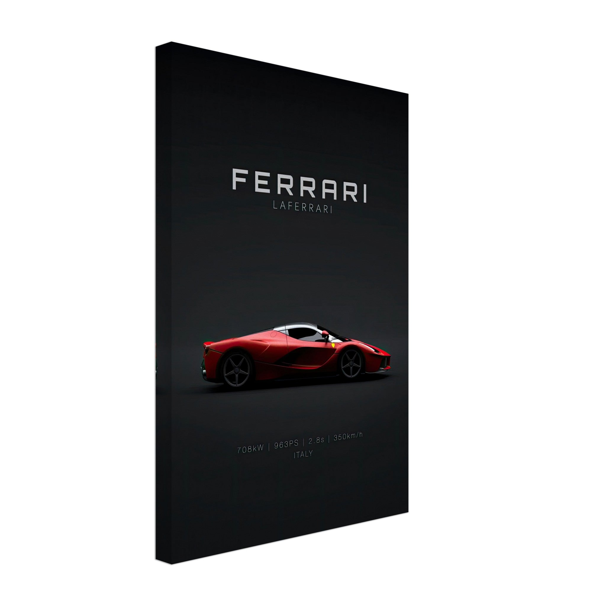 Ferrari Laferrari Canvas art featuring a sleek red supercar on a dark background, perfect for modern decor.