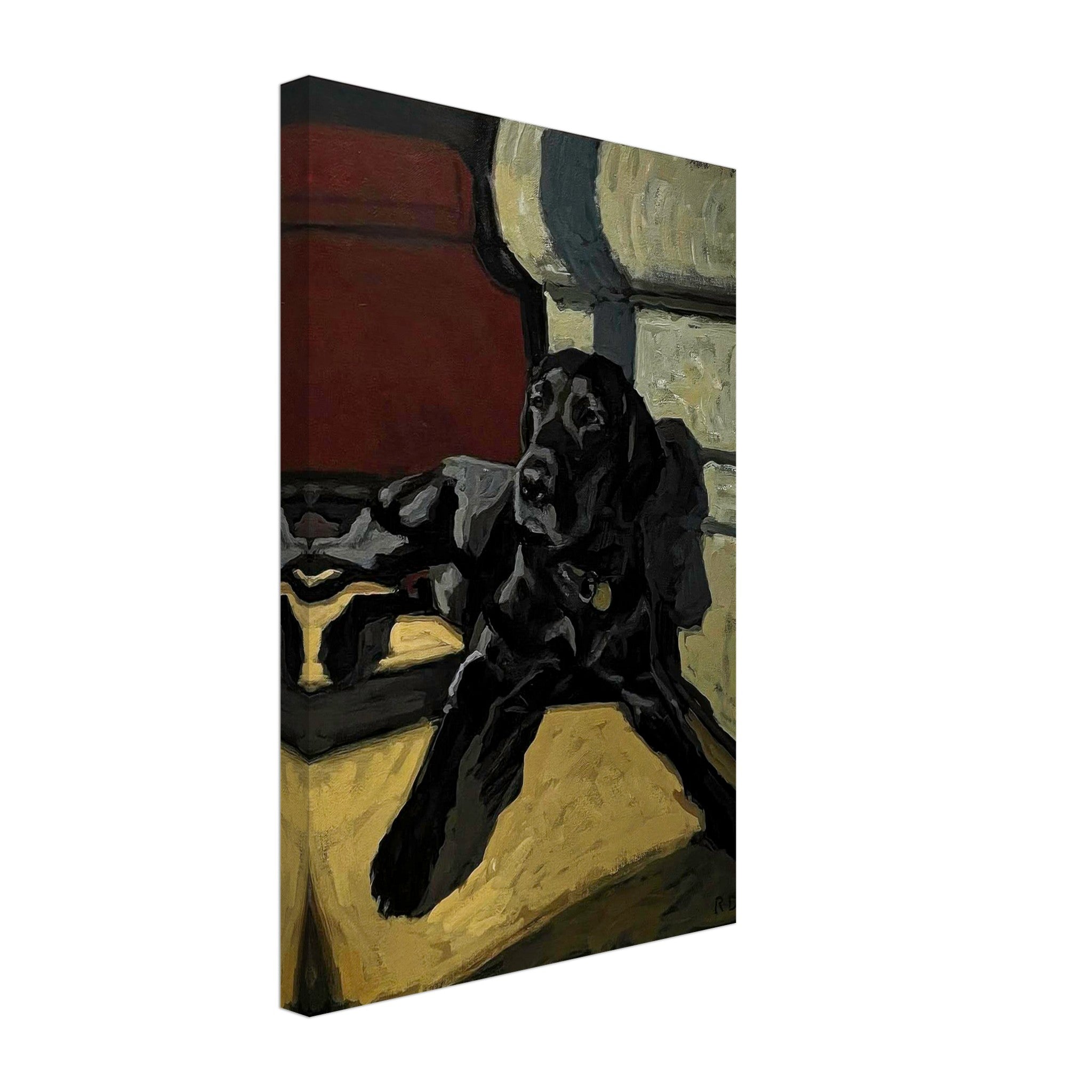 Black Labrador dog painting on canvas, showcasing a relaxed black Labrador in earthy tones and masterful brushstrokes.