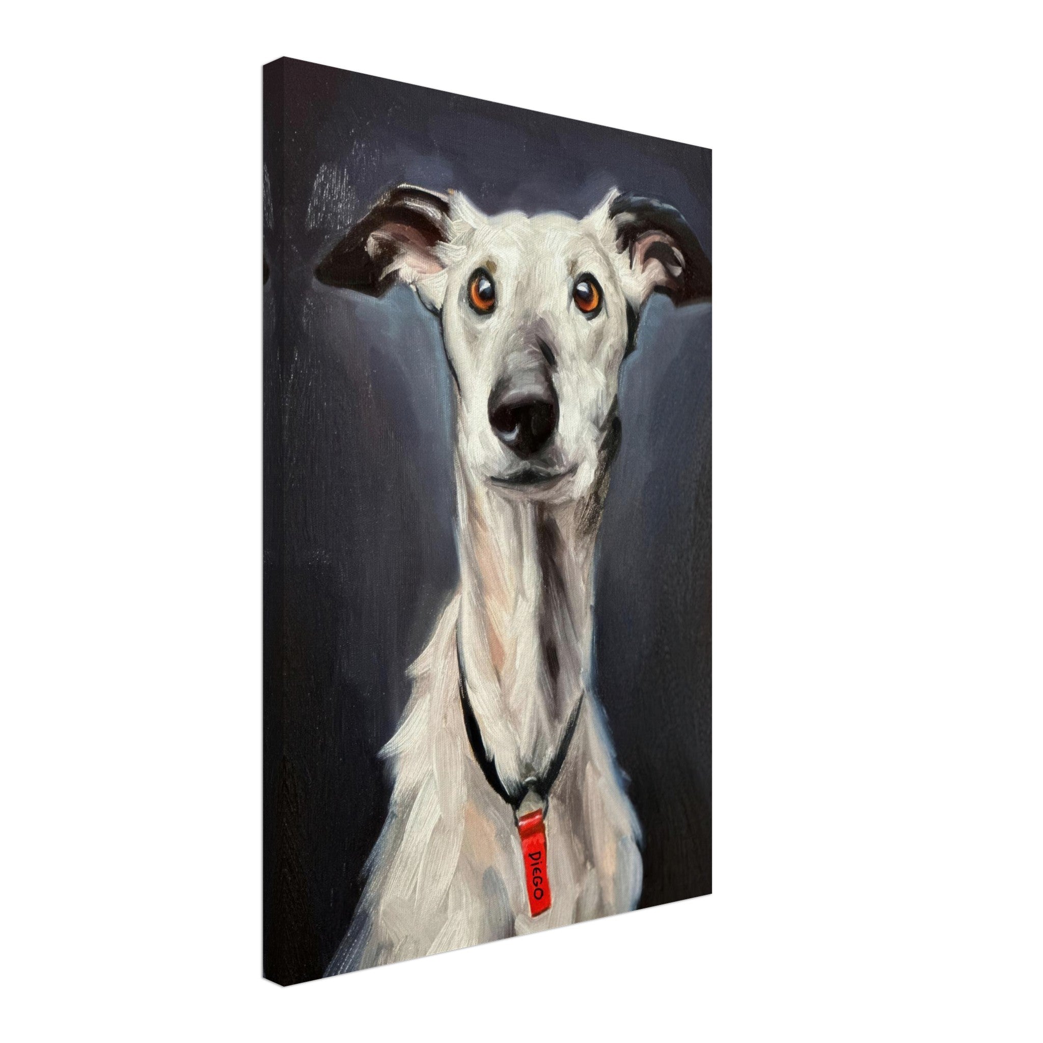 Greyhound dog canvas print showcasing expressive portrait with sleek form and soulful eyes.