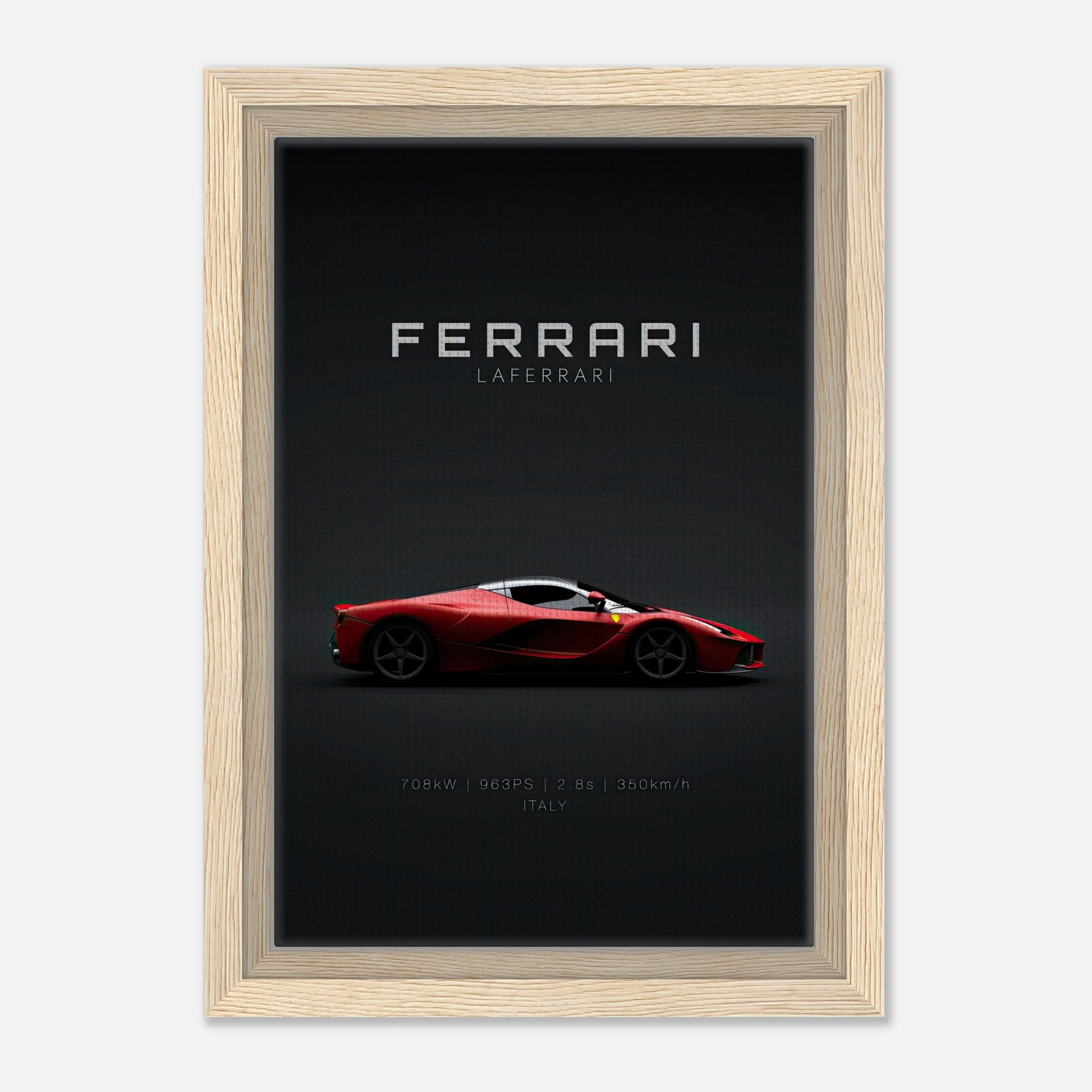 Ferrari Laferrari framed canvas art showcasing the iconic red supercar against a minimalist black background.