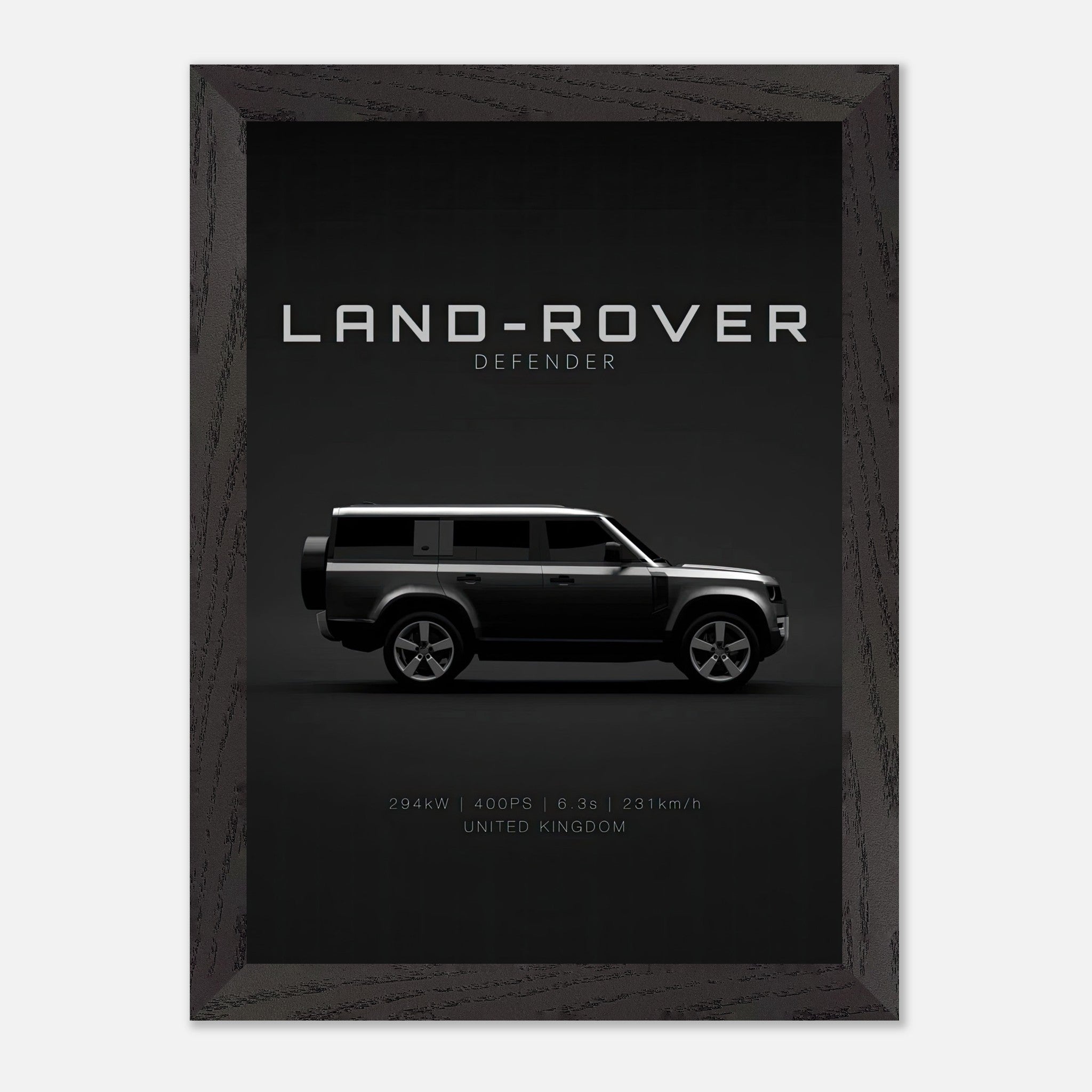 Land Rover Defender vintage framed art featuring iconic silhouette on a black background, perfect for enthusiasts.