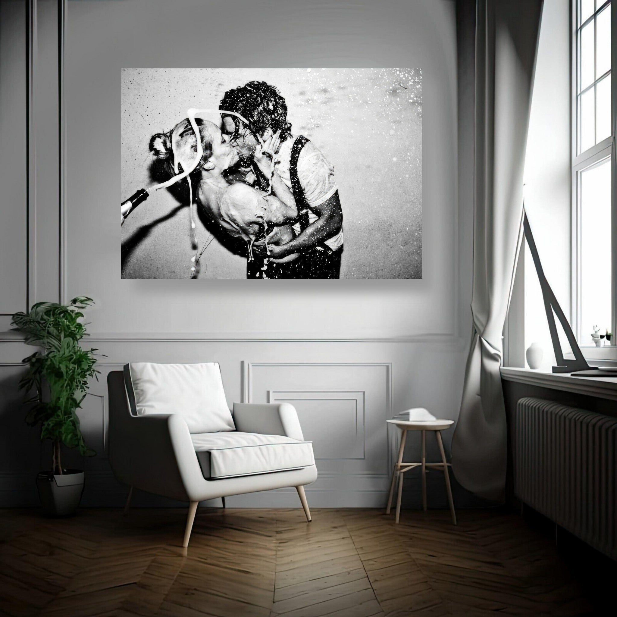 Black-and-white metal print of Johnny Depp and Kate Moss sharing an intimate kiss, capturing passion and glamour.