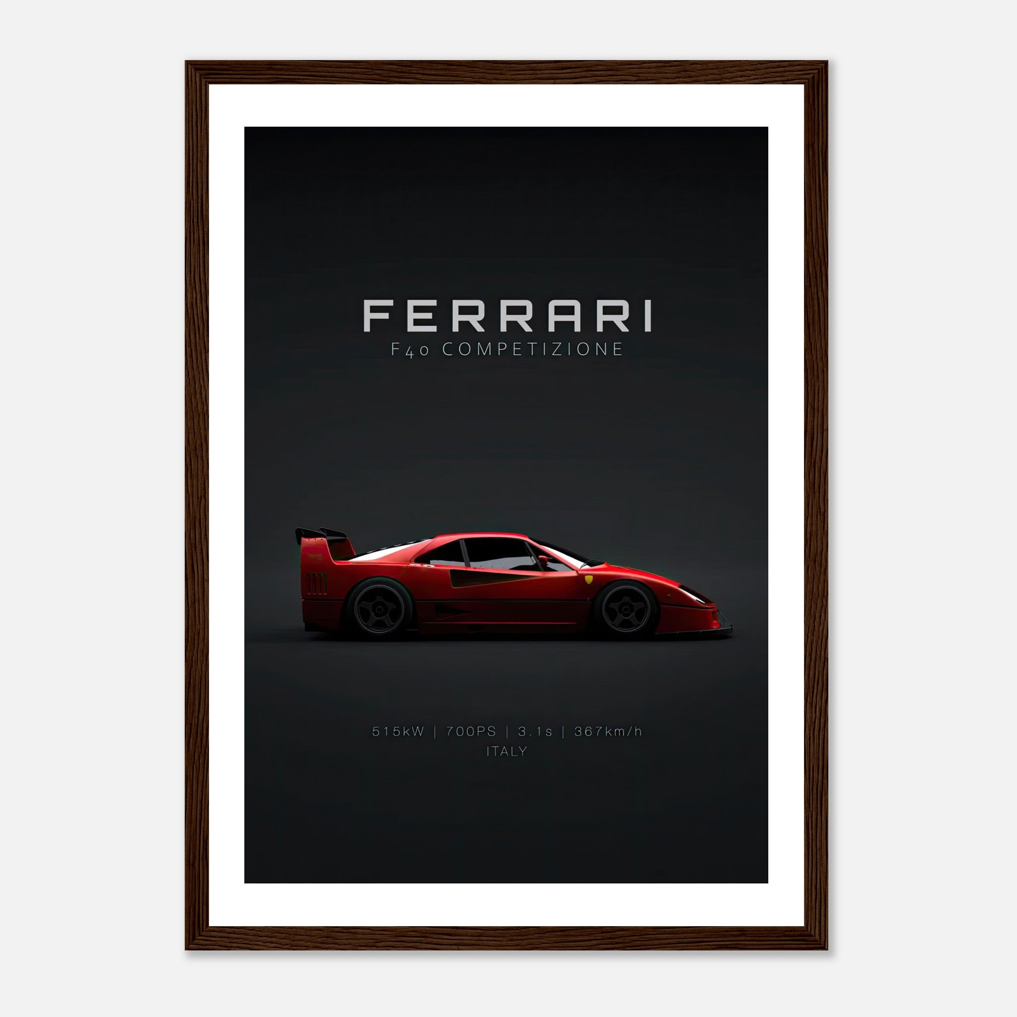 Ferrari F40 Competizione framed poster showcasing iconic red supercar design against minimalist backdrop.