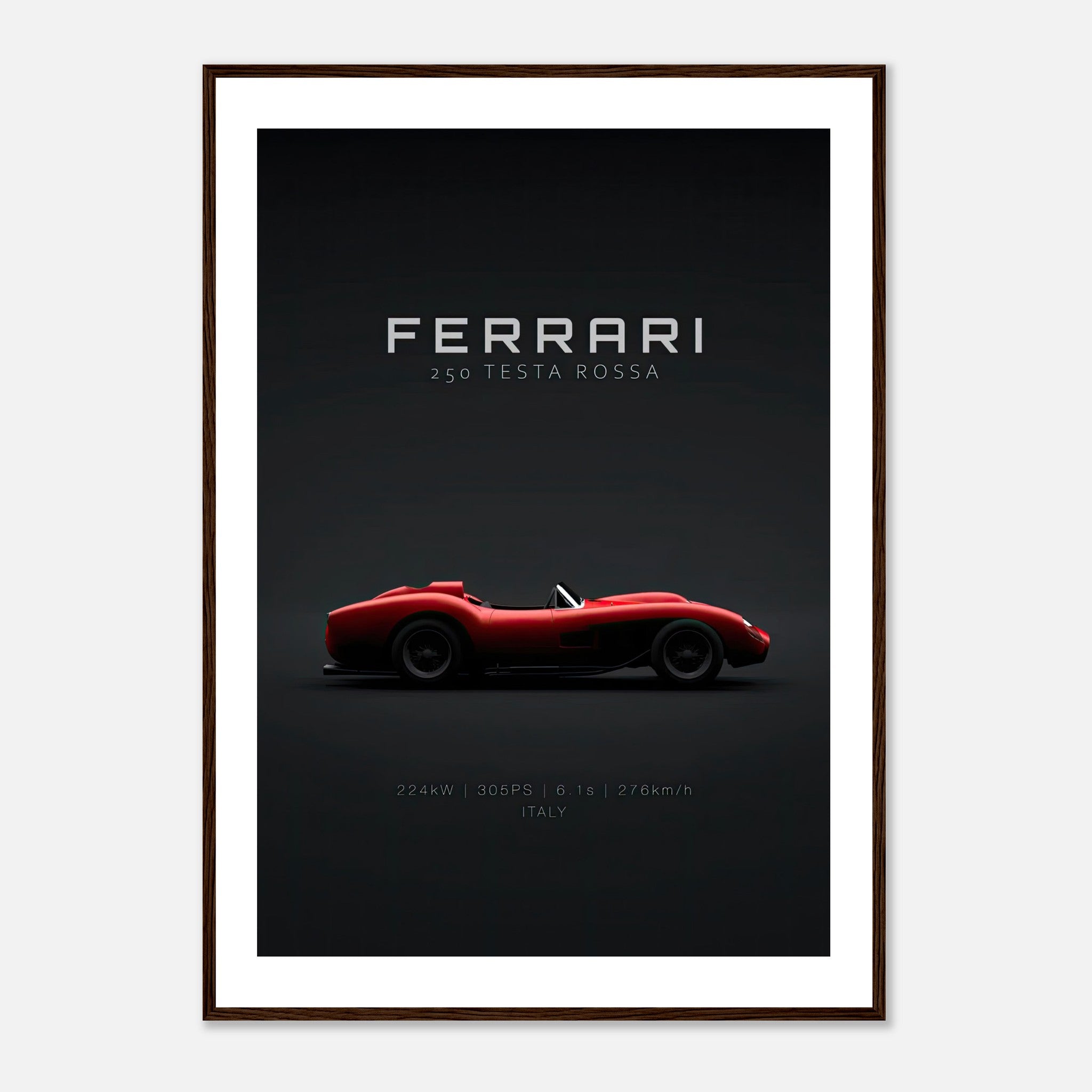 Ferrari 250 Testa Rossa framed poster showcasing sleek side profile against a minimalist black background.