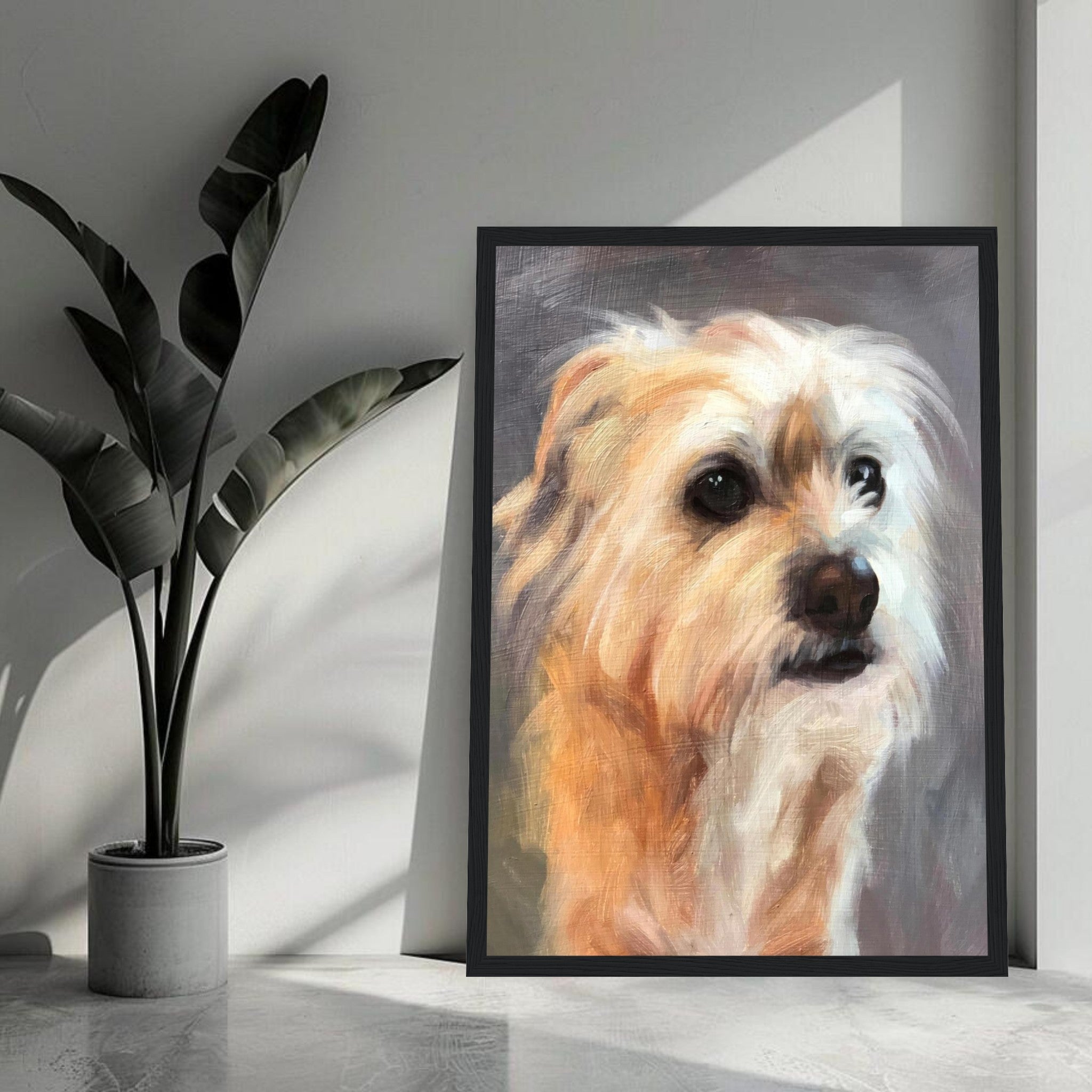 Framed terrier dog painting showcasing expressive eyes and detailed fur, adding charm to home decor.
