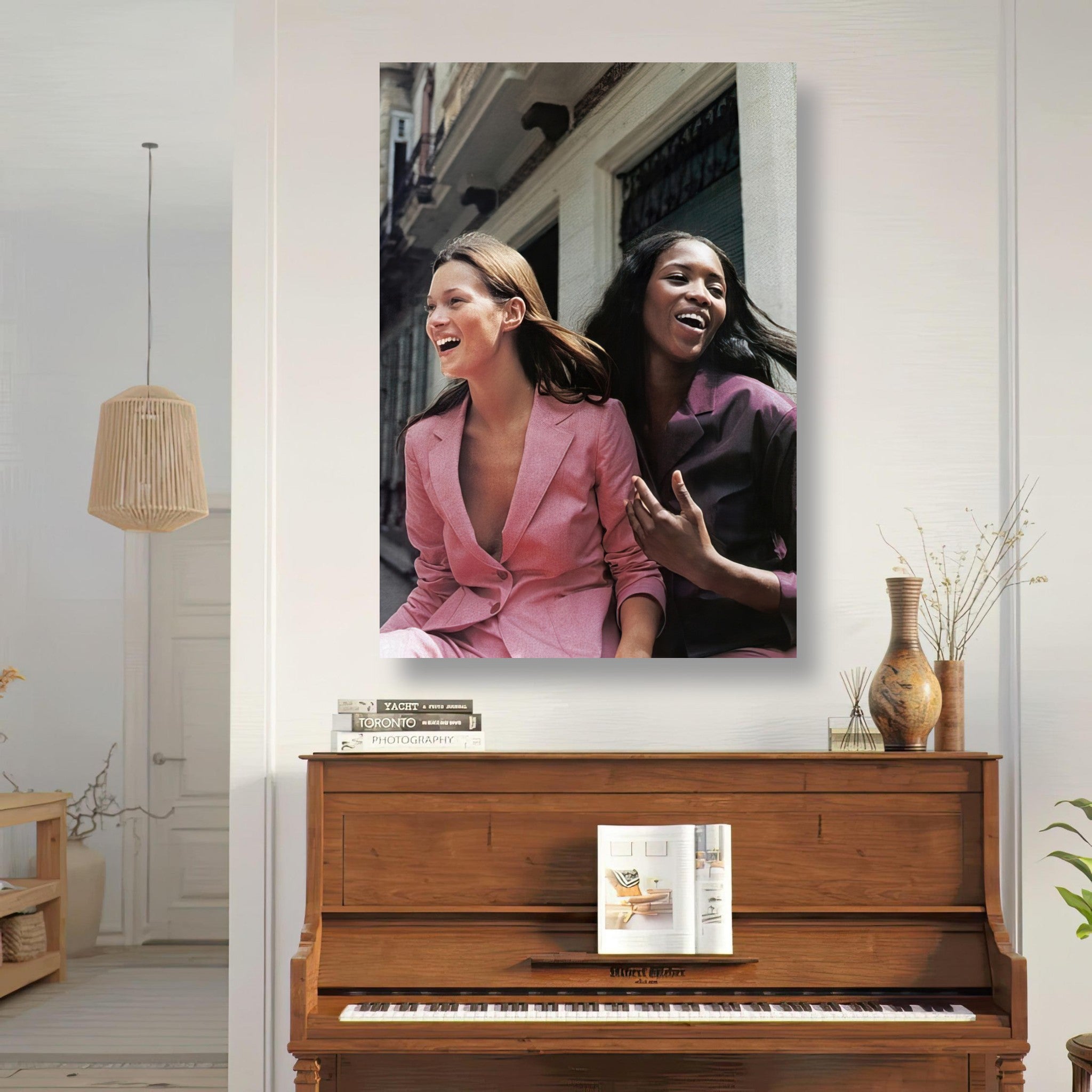 Naomi Campbell x Kate Moss metal print showcasing the icons in joyful candid moment, perfect for stylish home decor.