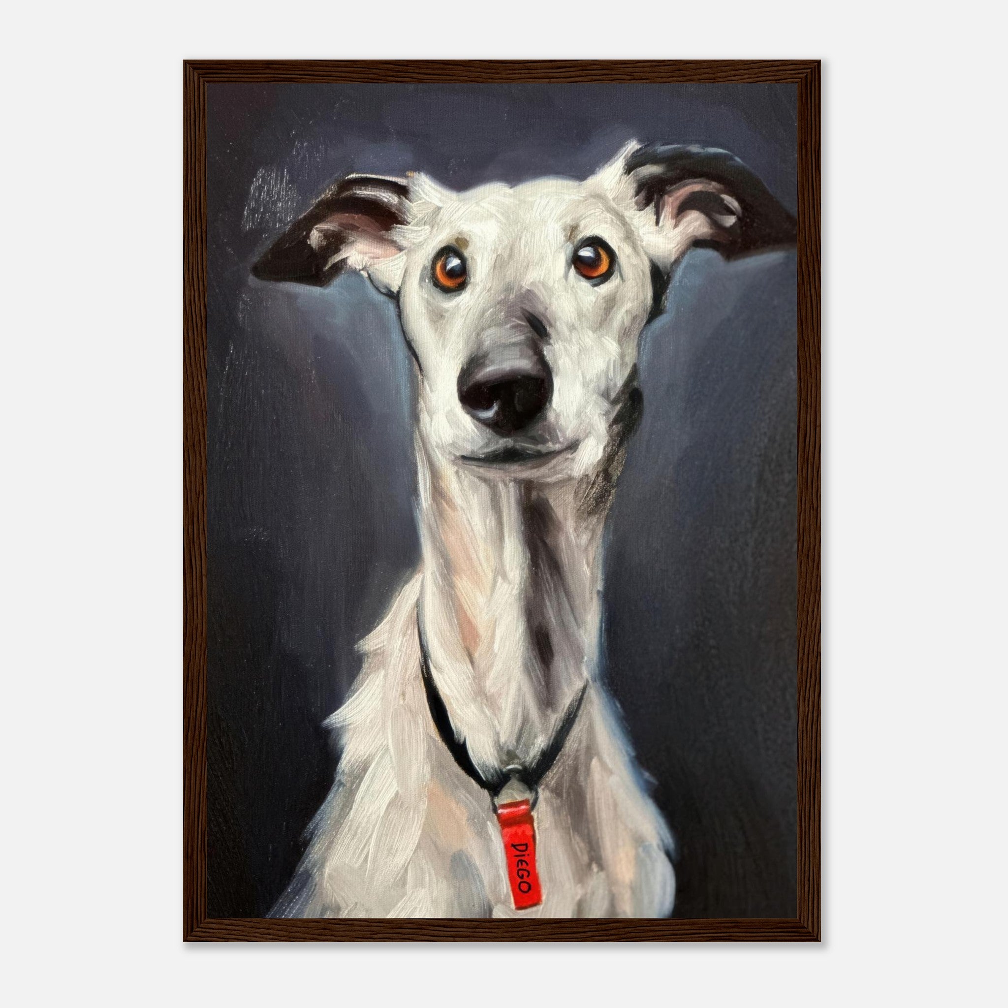 Framed print of a Greyhound dog painting, featuring a soulful expression and elegant features.