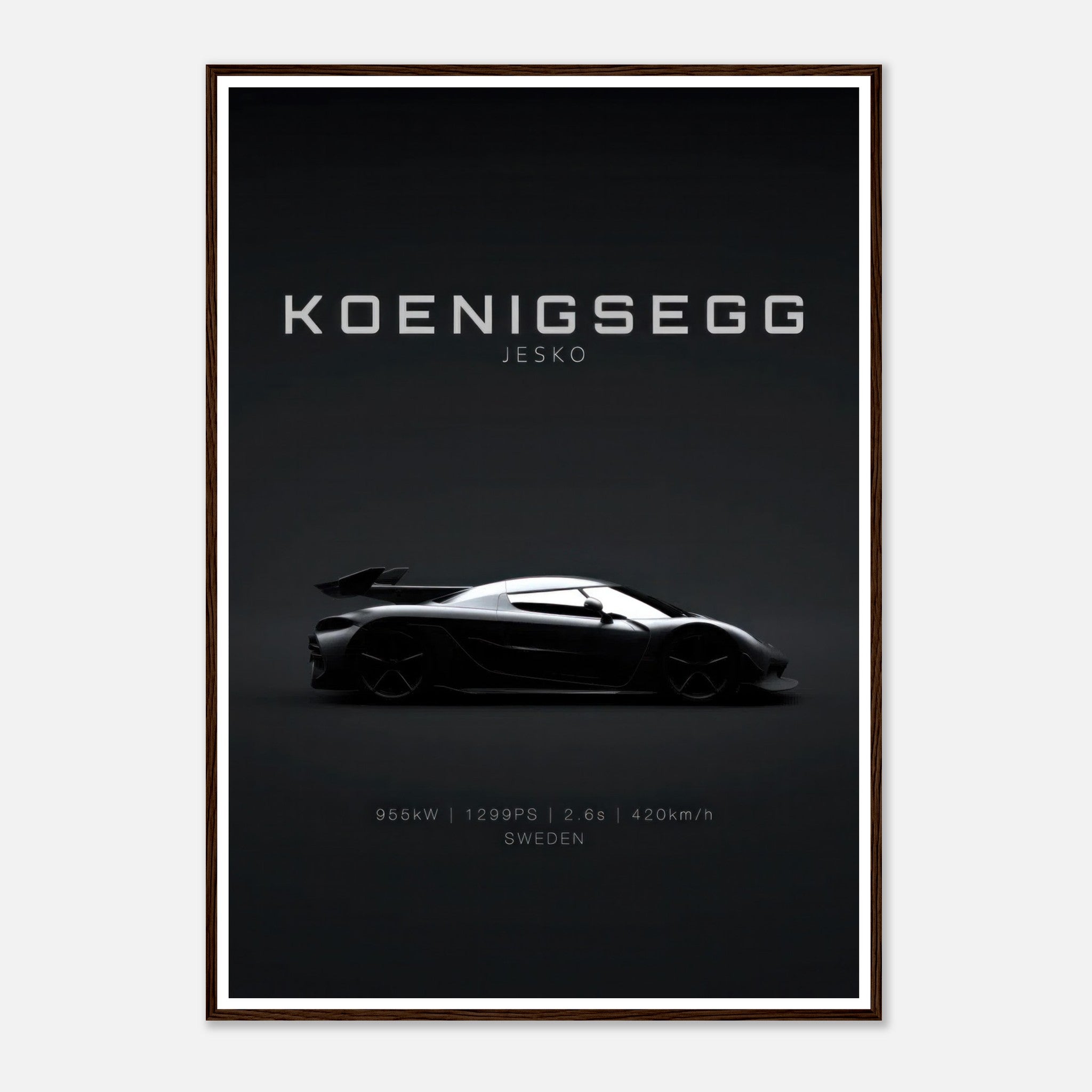 Koenigsegg Jesko framed poster featuring sleek silhouette on minimalist black background.