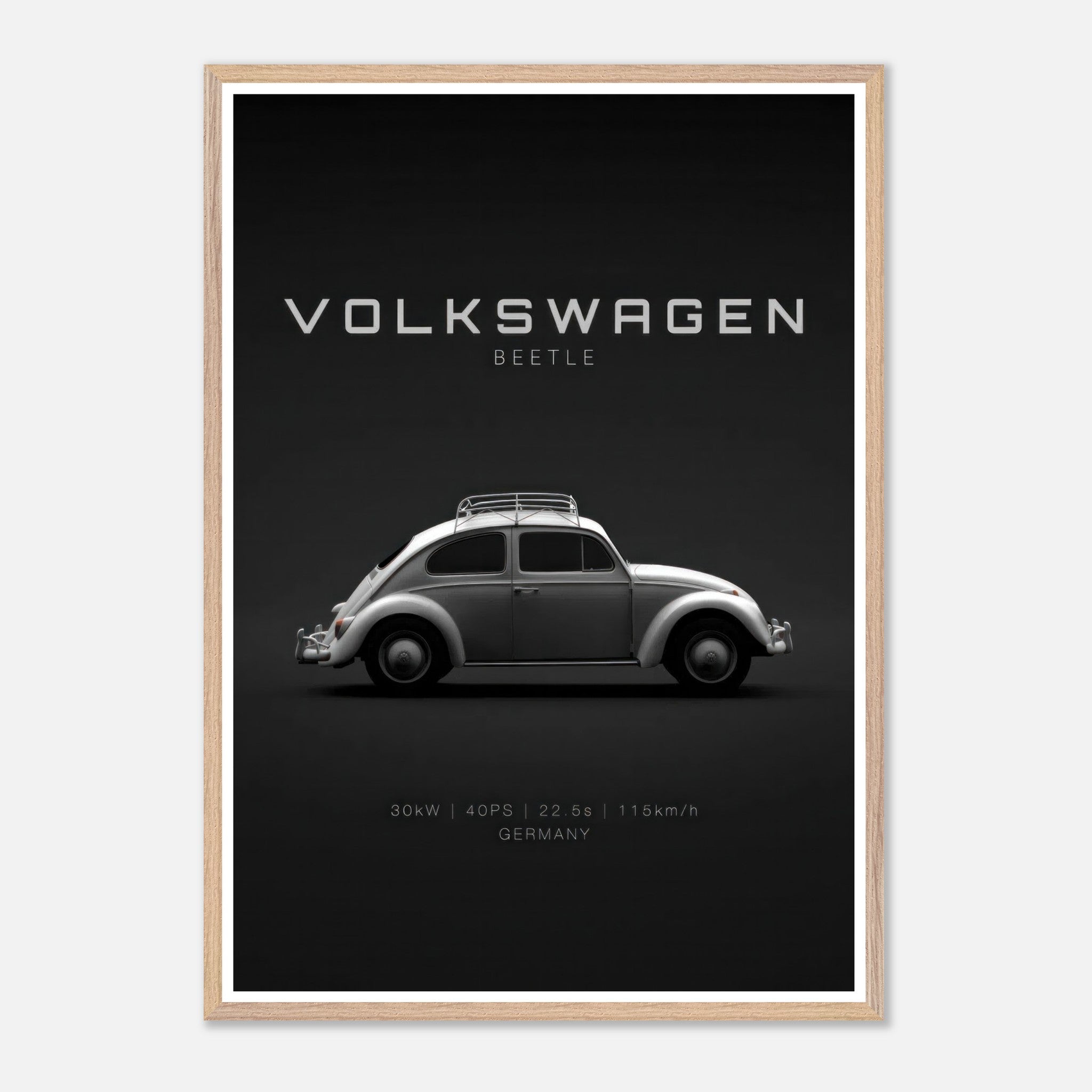 Volkswagen Beetle vintage art print featuring a silver classic car on a minimalist black background.