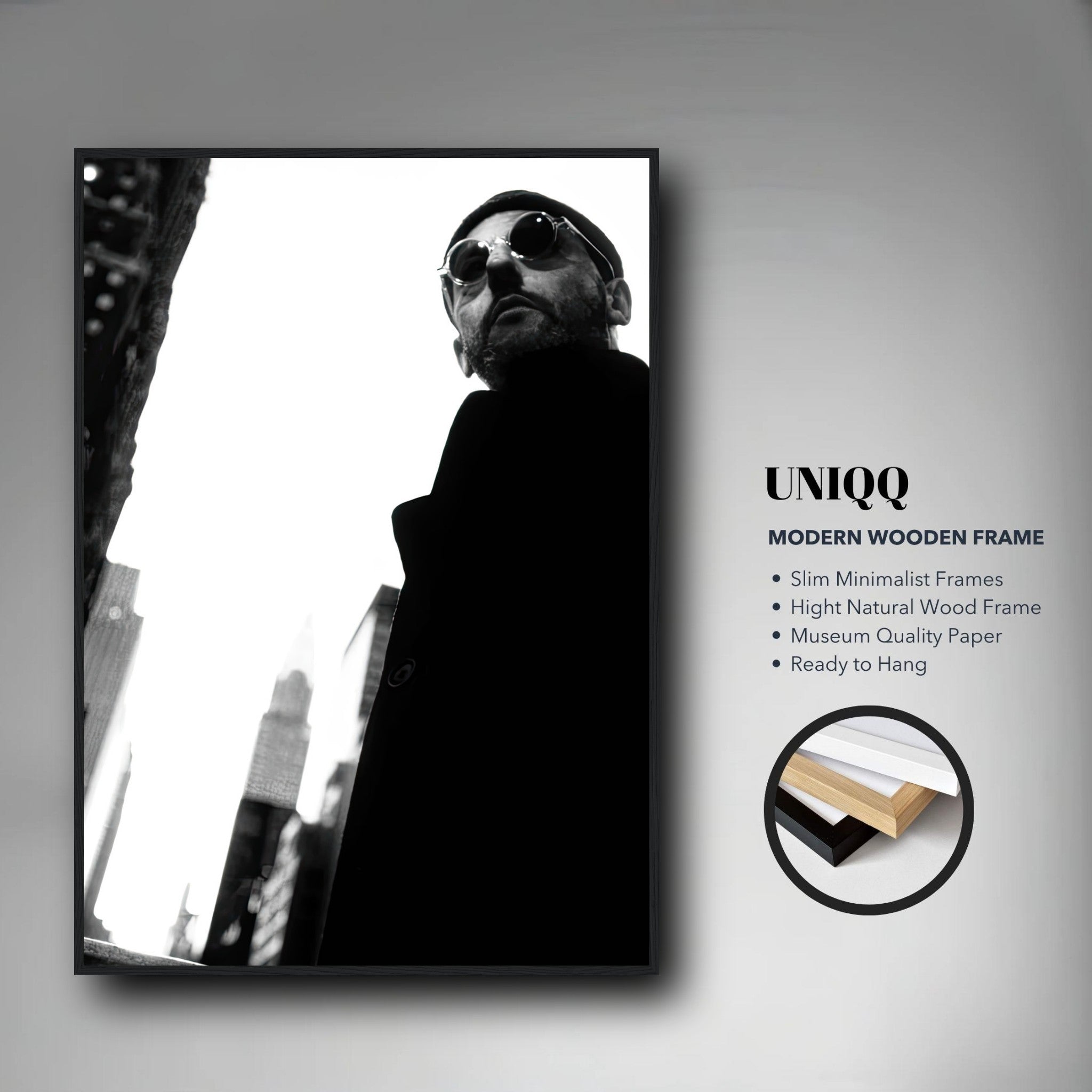Leon Photography Jean Reno framed print in a modern wooden frame featuring a striking black-and-white urban scene.