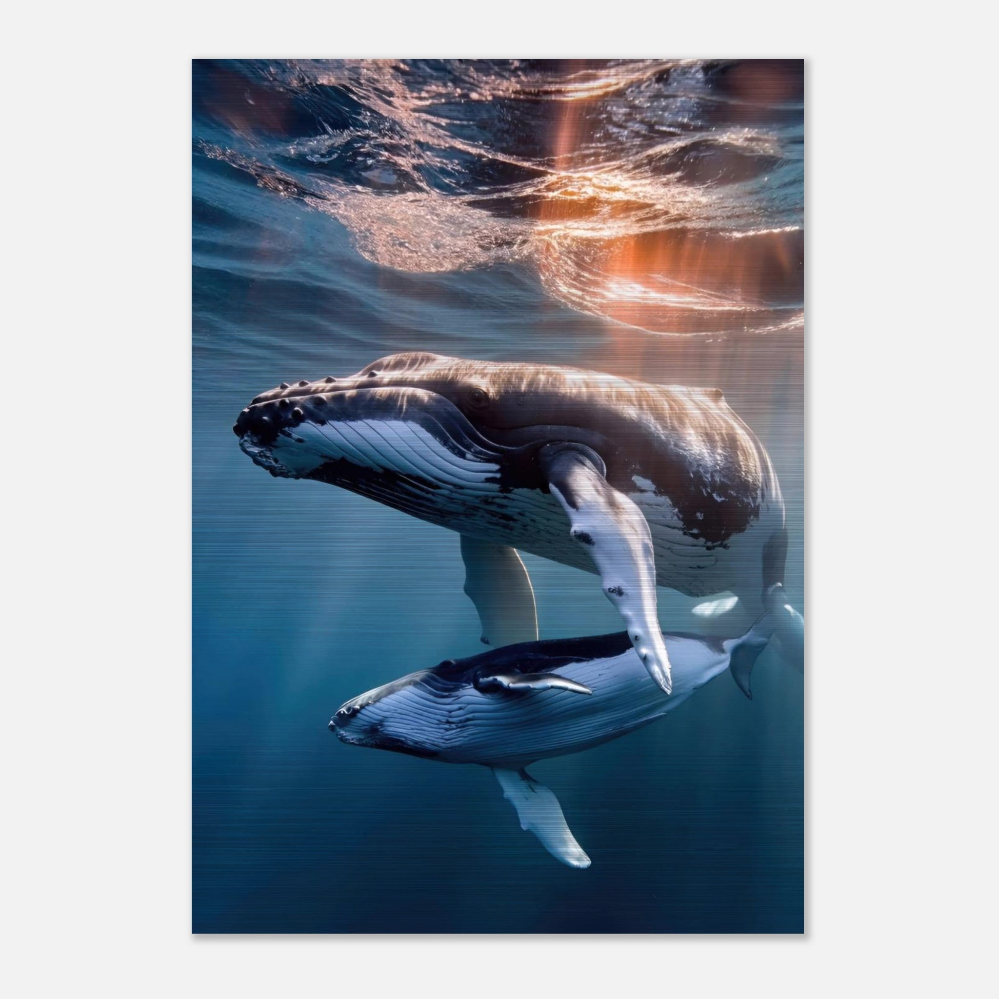 Underwater photography of a mother humpback whale and calf in vibrant blues on brushed metal print.