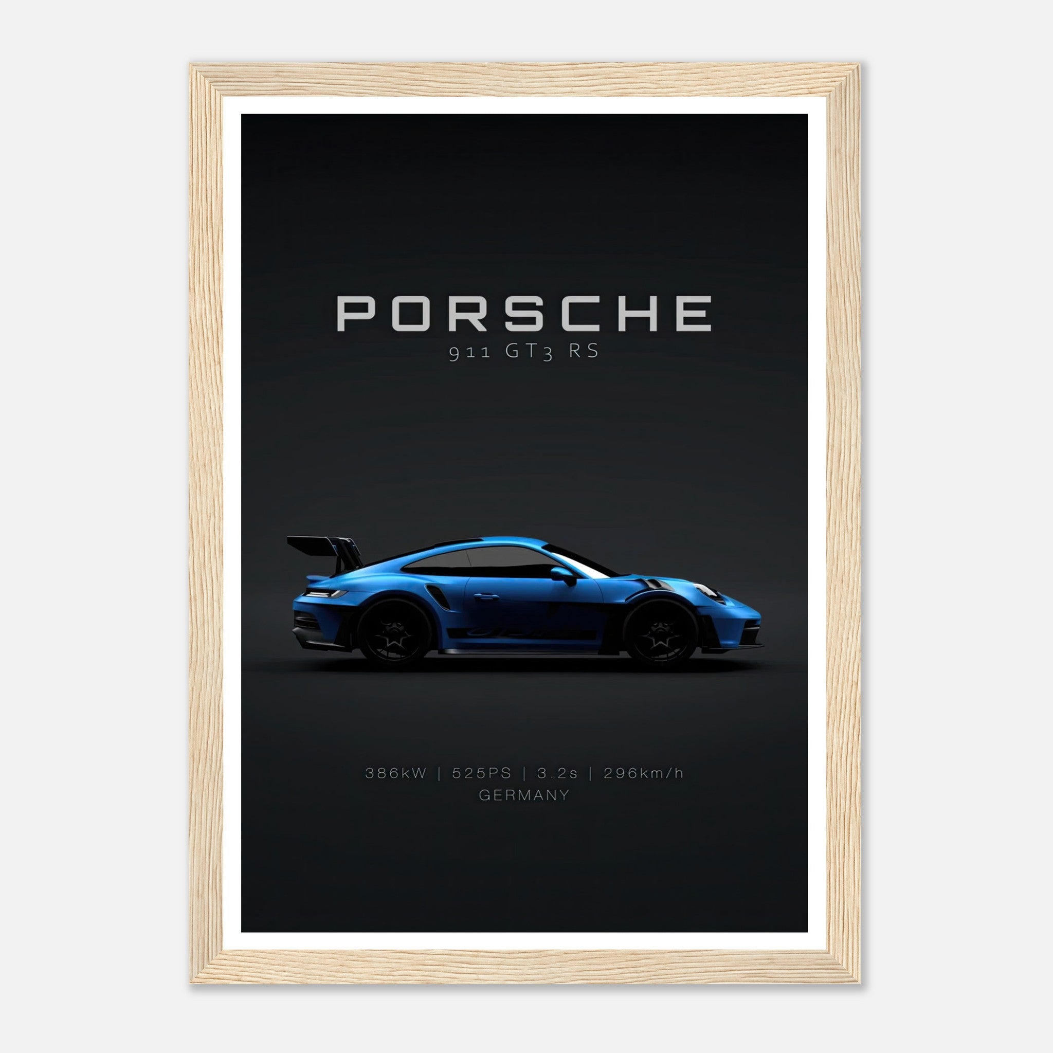 Framed poster of Porsche 911 GT3 RS showcasing sleek profile and performance stats on dark background.
