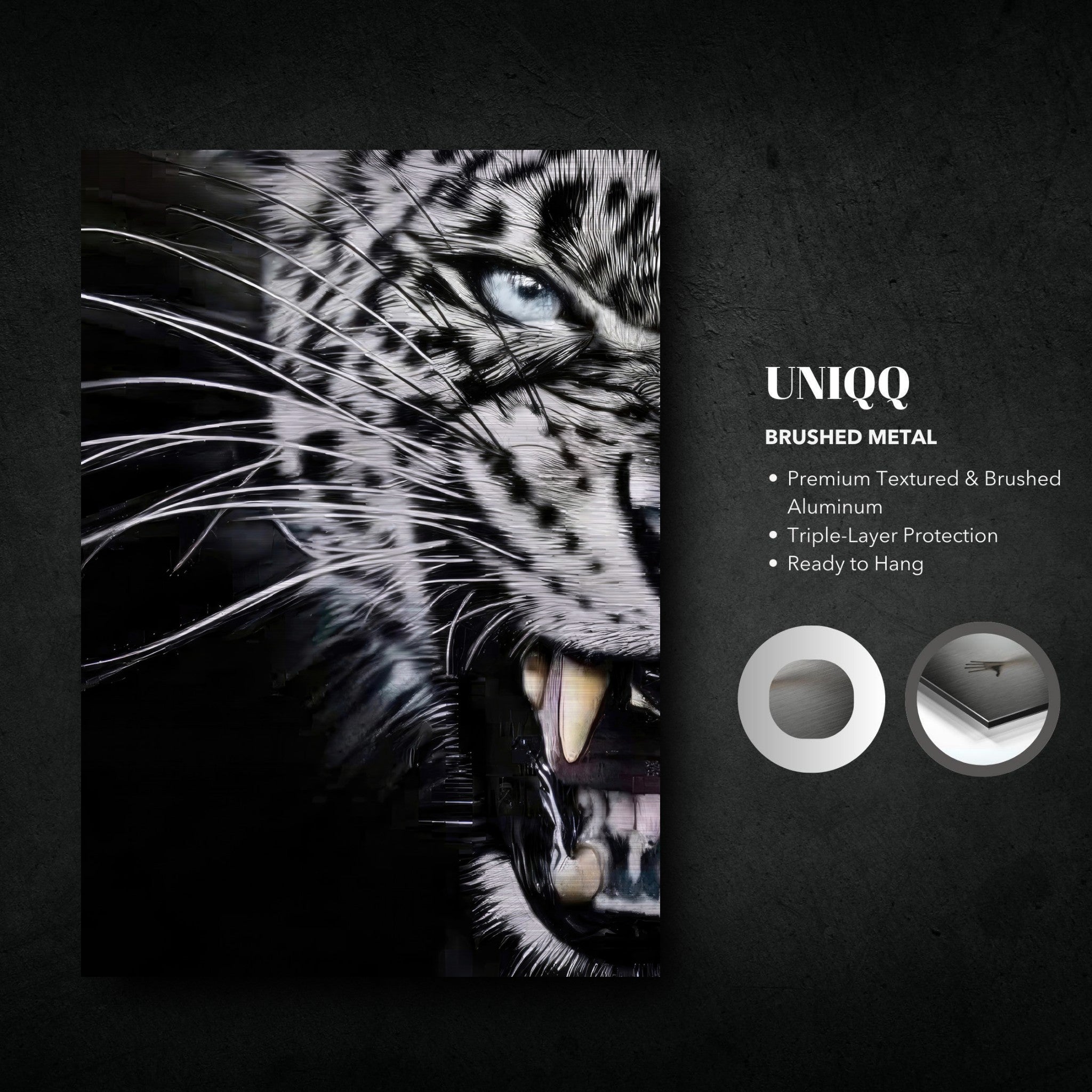 Close-up portrait of a fierce white tiger on brushed metal, showcasing sharp fangs and piercing blue eyes.