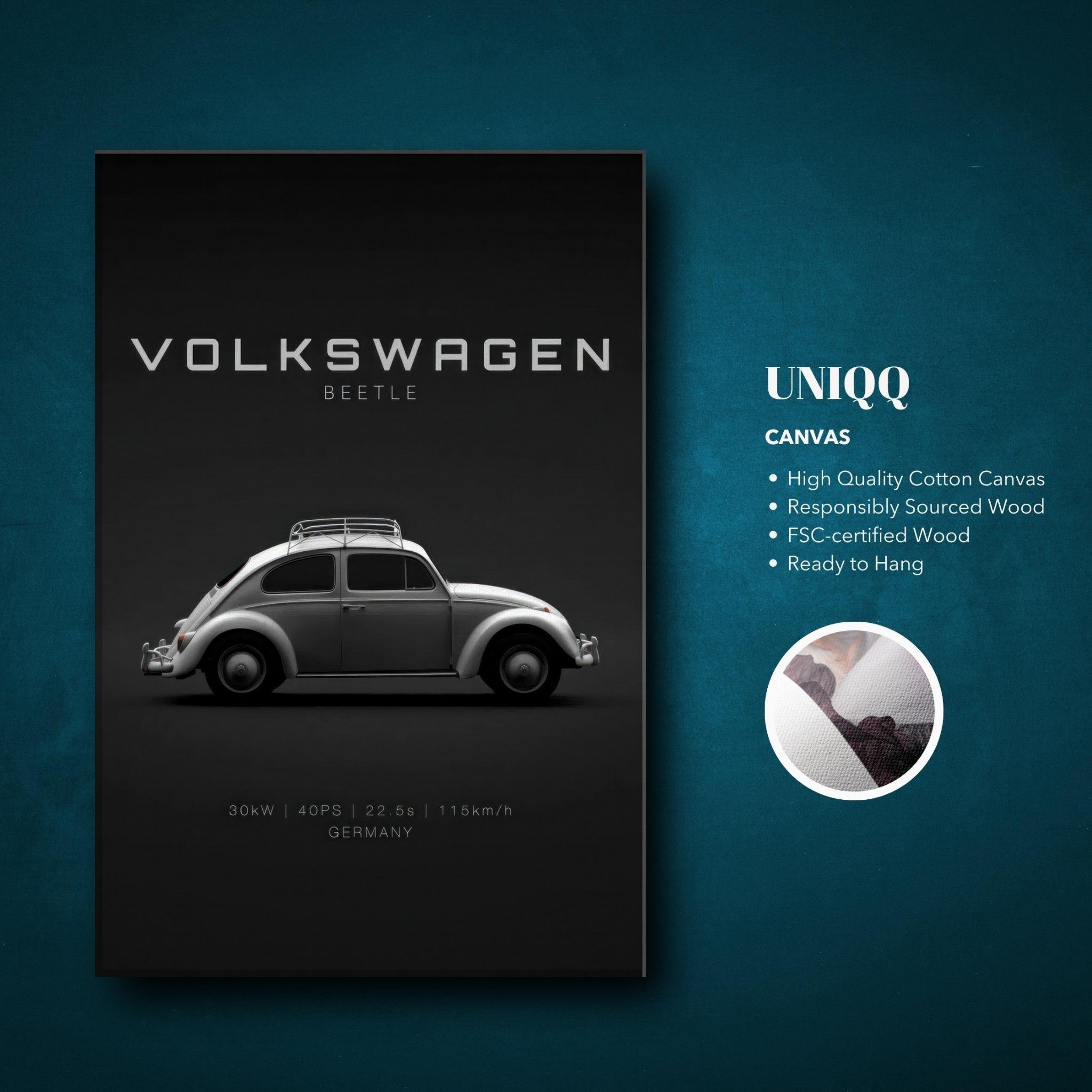 Volkswagen Beetle canvas artwork showcasing vintage car silhouette on black background, high-quality and ready to hang.