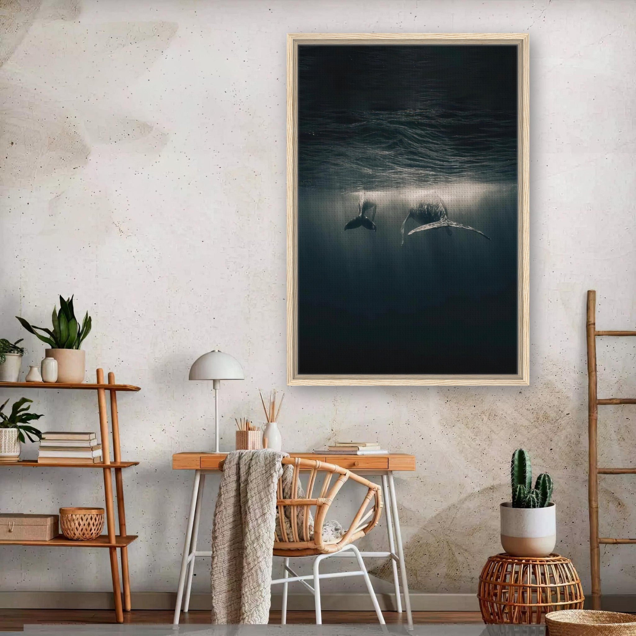 Whales swimming underwater in a framed canvas print, showcasing ocean beauty and tranquility in a modern interior setting.