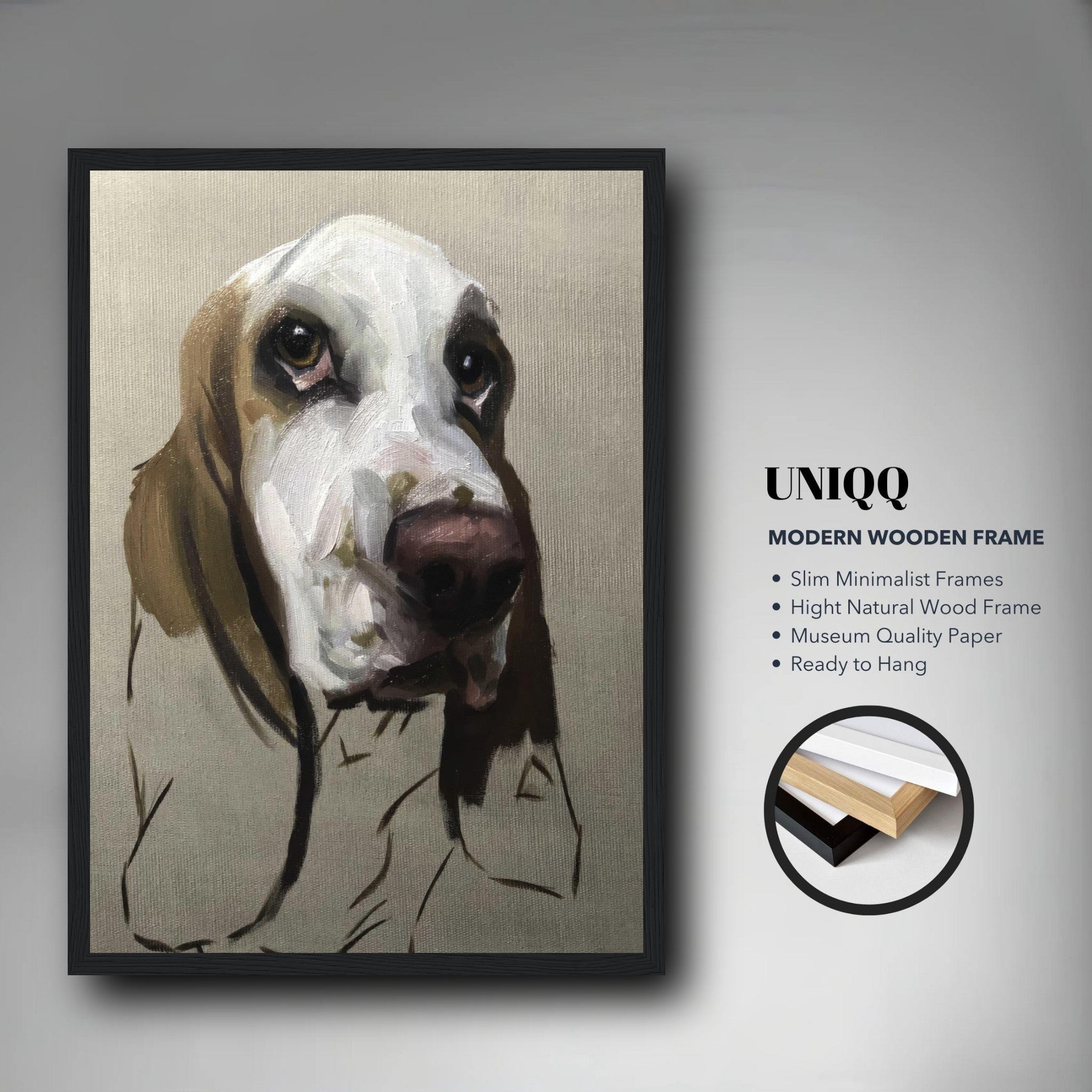Basset Hound dog painting in a modern wooden frame, showcasing expressive features and earthy tones.