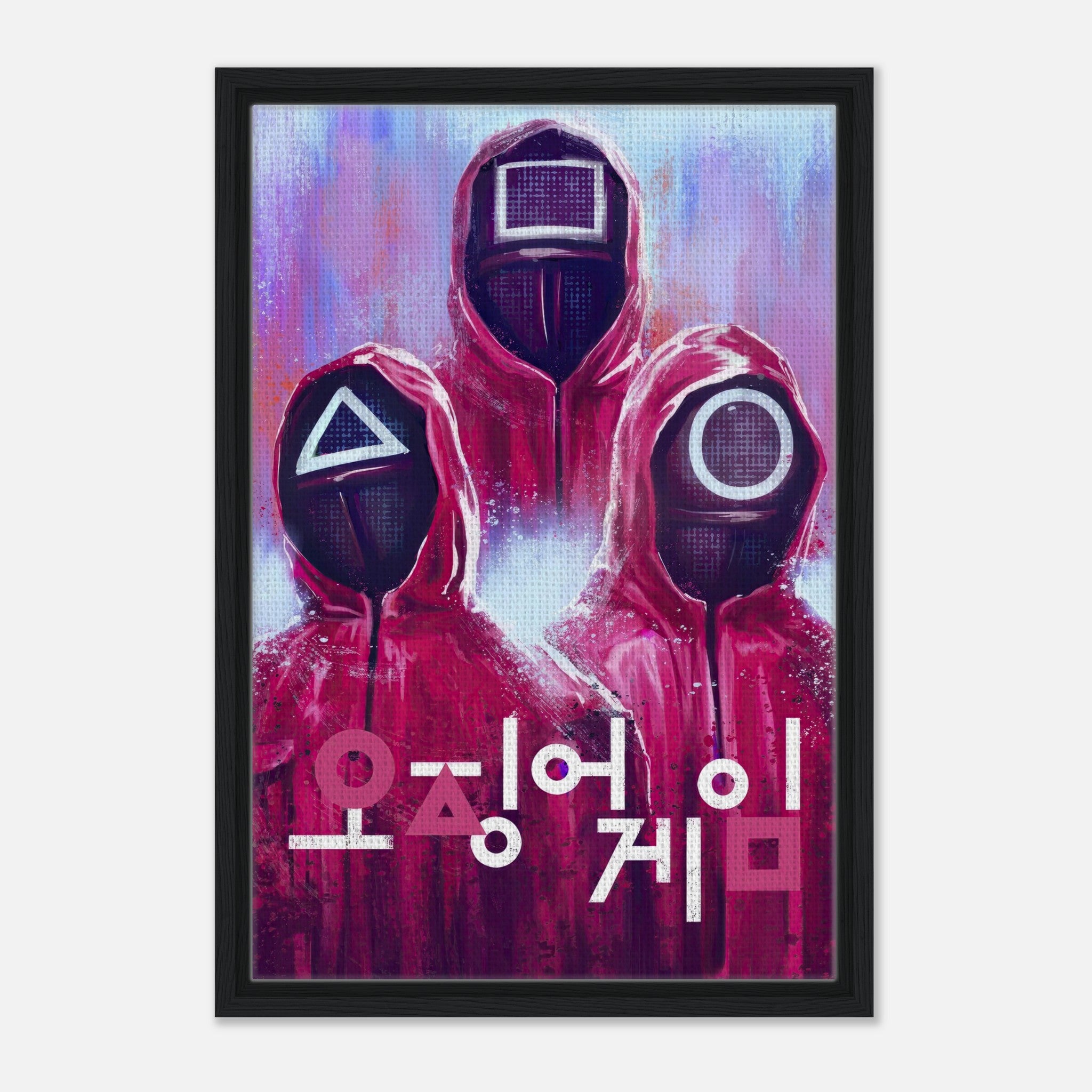 Squid Game framed canvas print featuring masked guards in red uniforms and geometric symbols, vibrant wall art for fans.