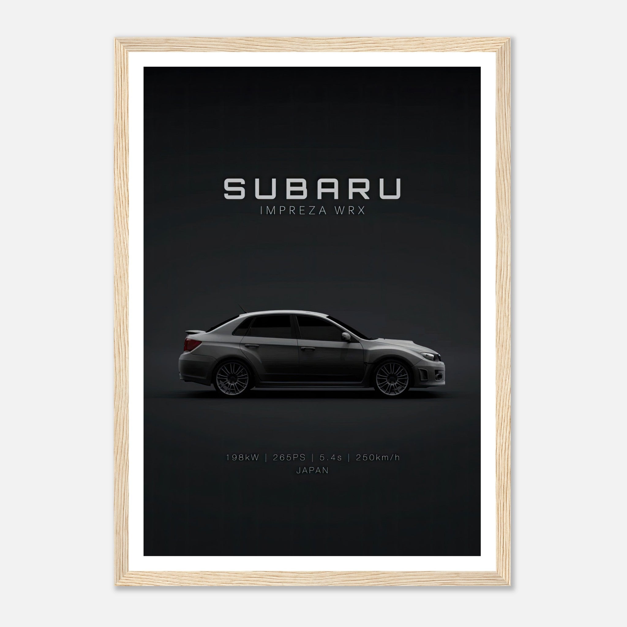 Framed Subaru WRX poster showcasing iconic design and specifications against a dark background.