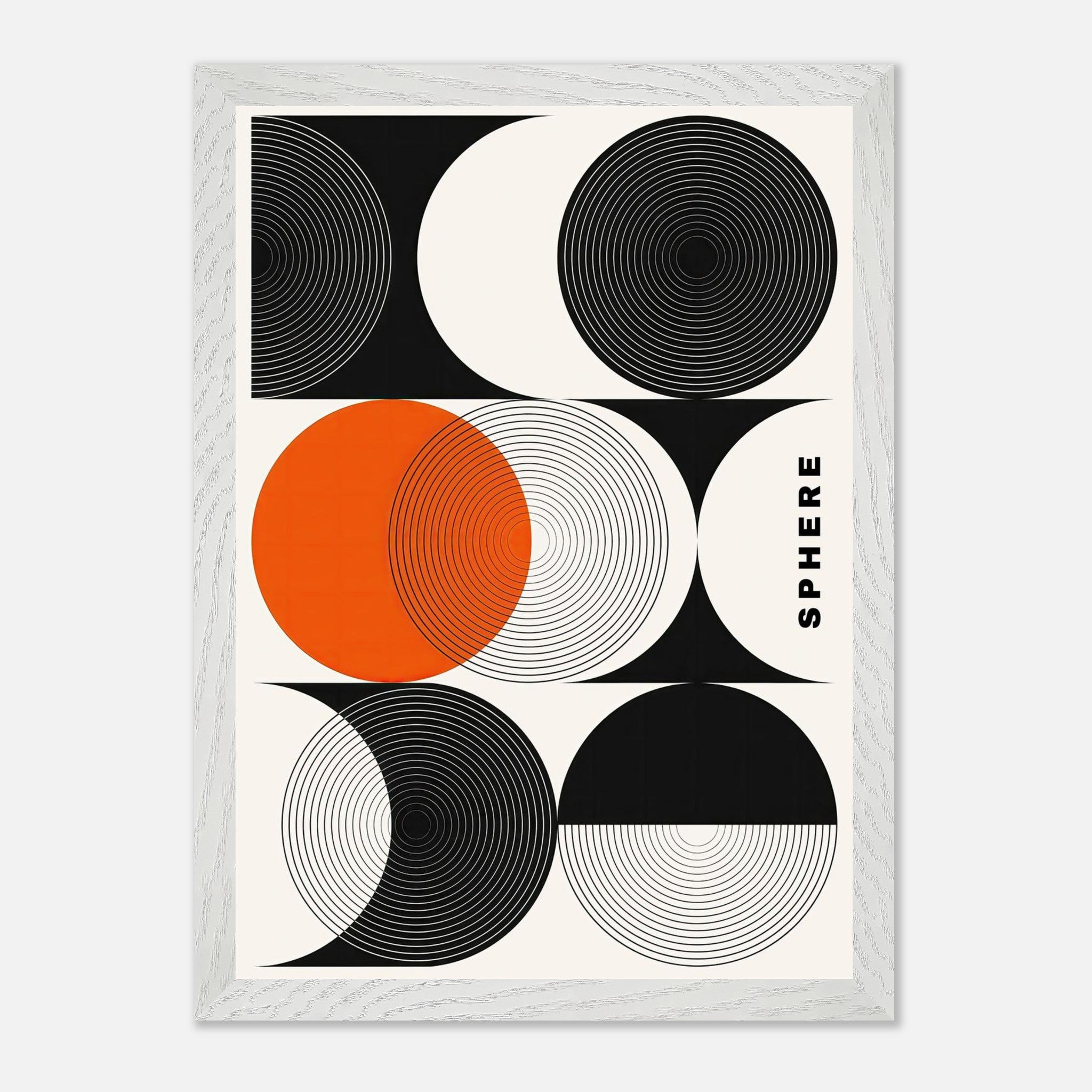 Abstract geometric sphere art vintage framed print in black, white, and orange, featuring concentric circles and shapes.