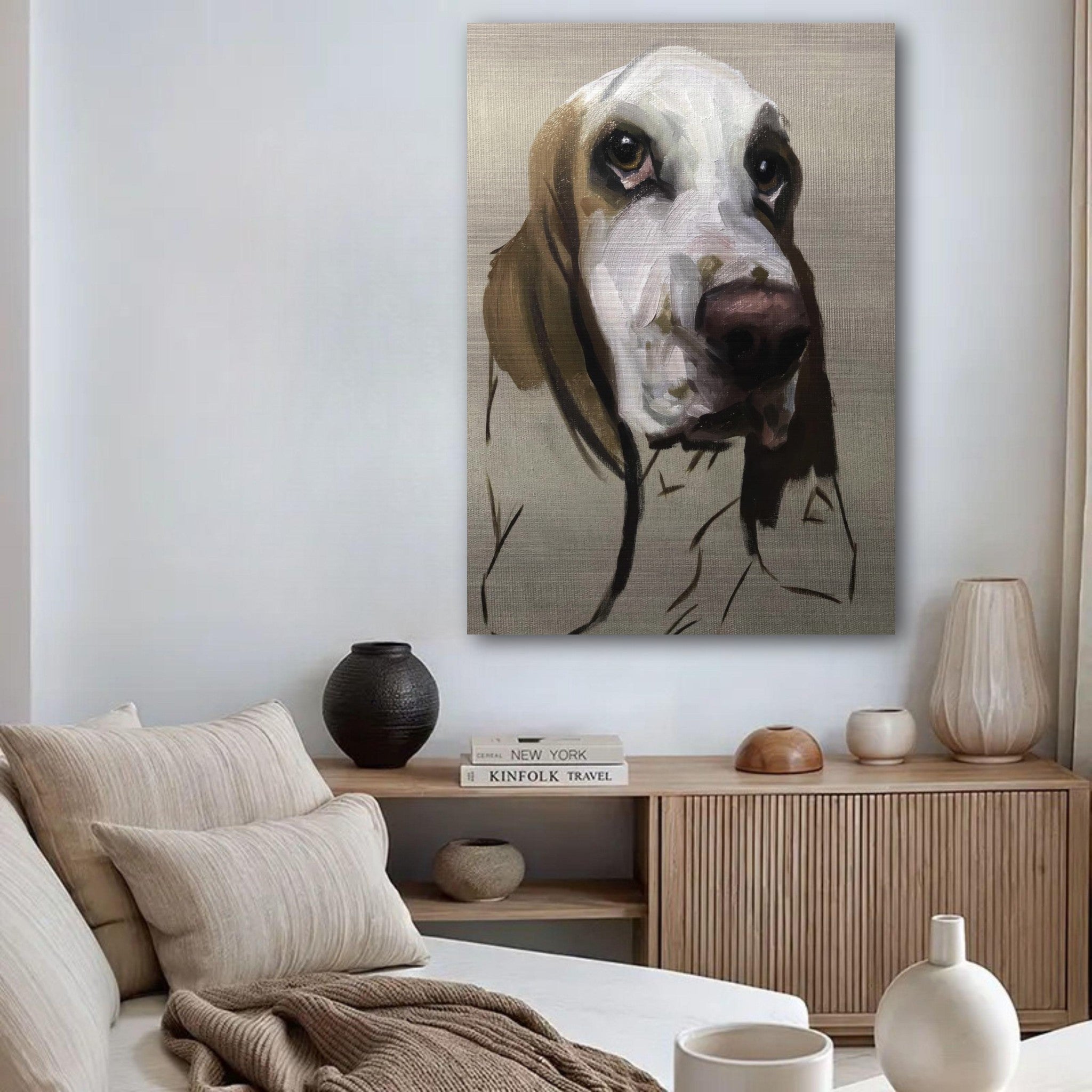 Basset Hound dog painting on brushed metal, showcasing soulful eyes in a stylish living room setting.