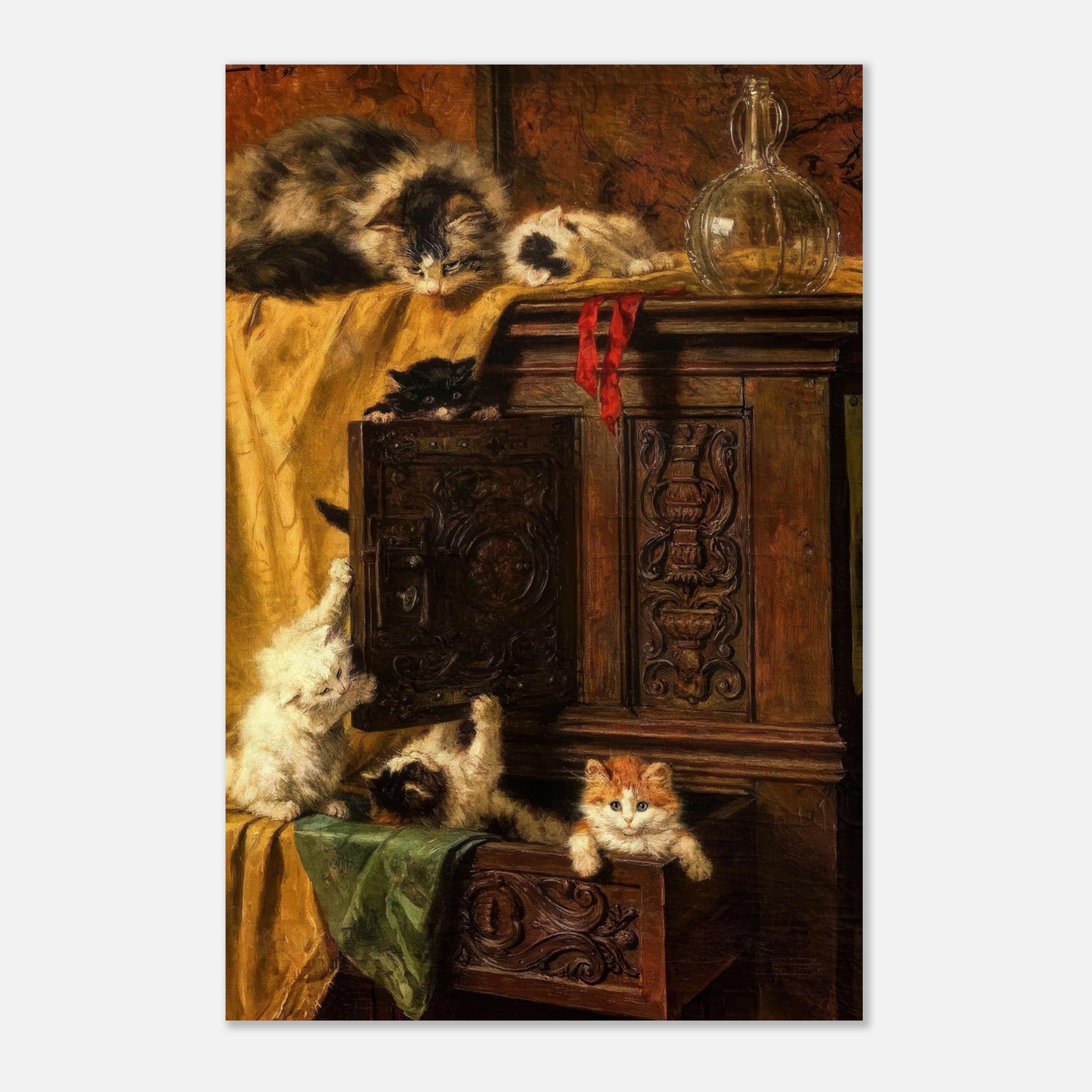 Vintage Cat Painting metal print with playful kittens exploring a wooden cabinet, showcasing classic artistry.