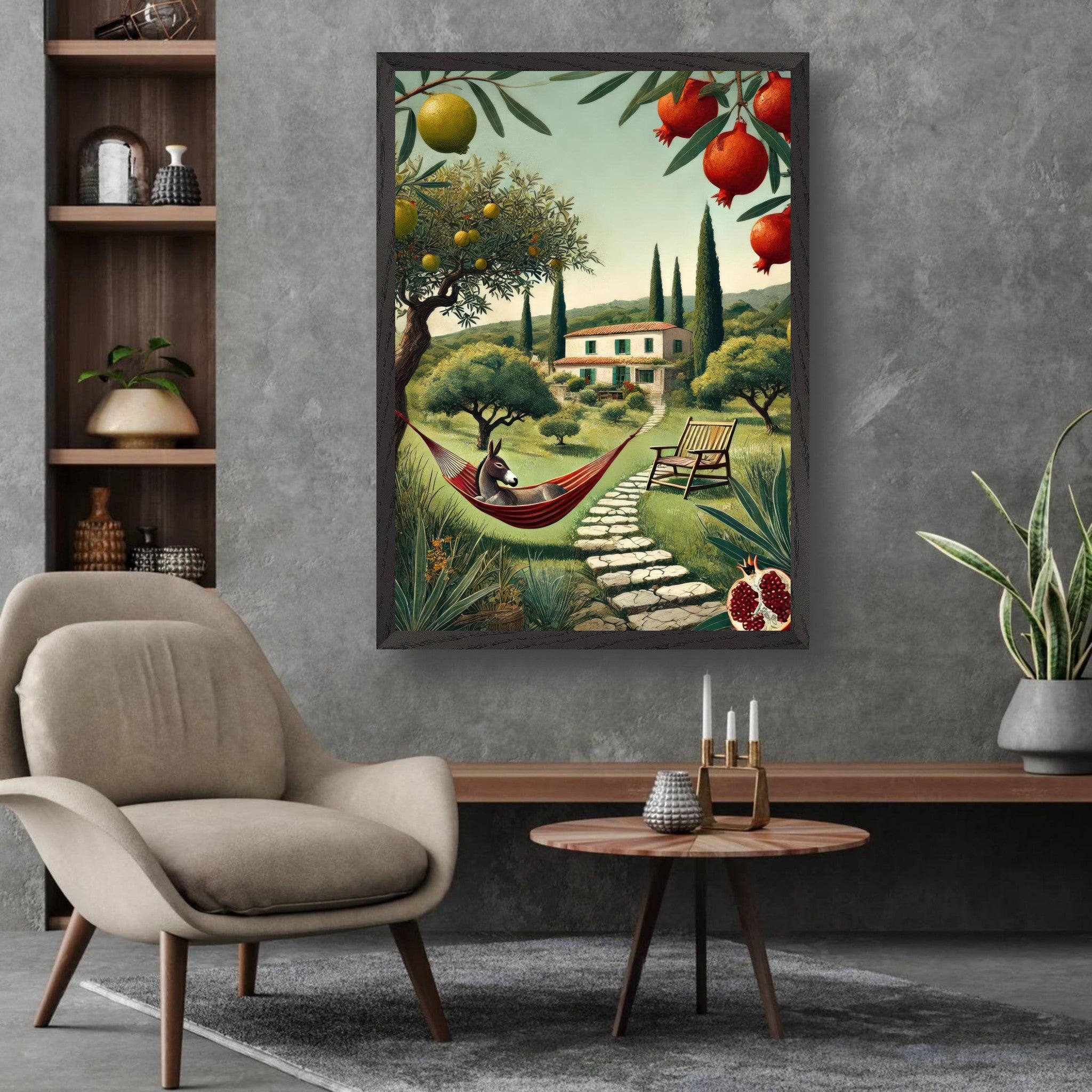 Museum quality Giclée print of a Mediterranean rural landscape with cypress trees, a hammock, and a charming villa.