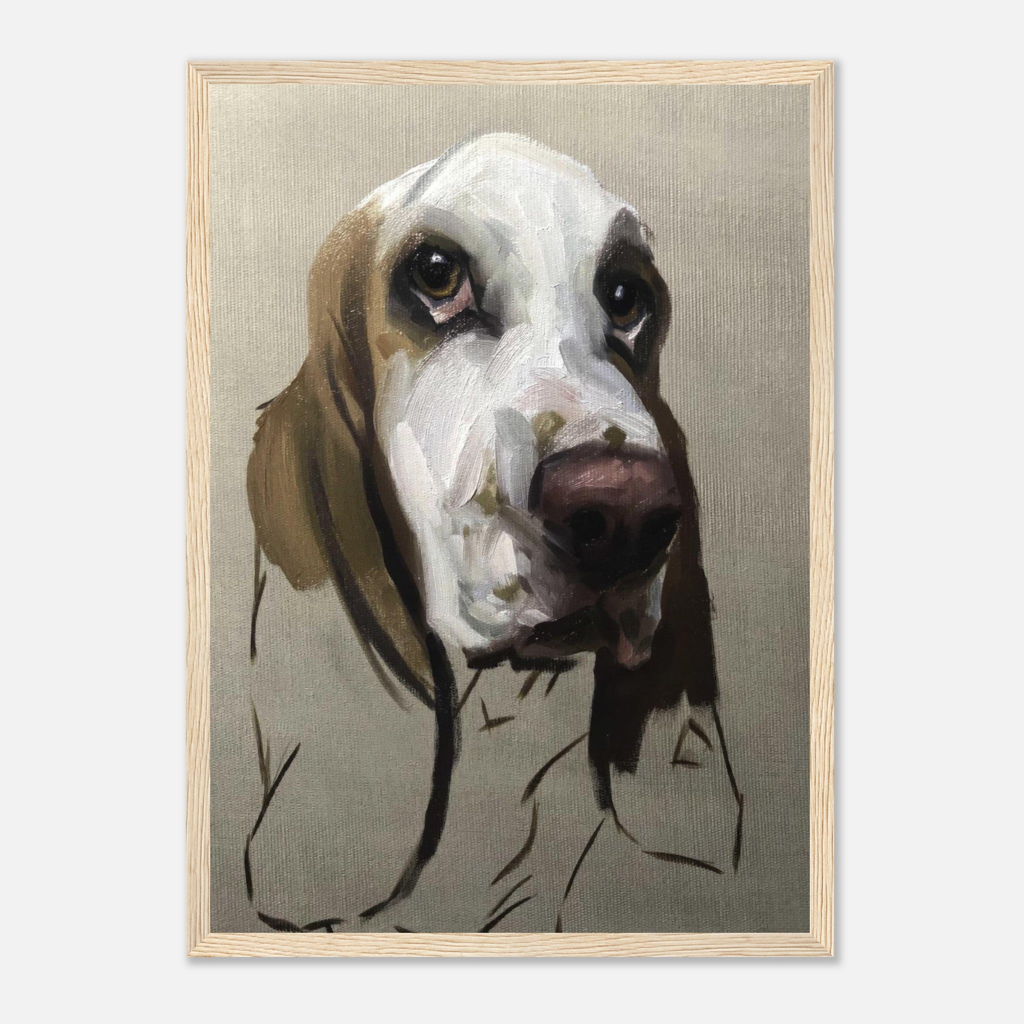 Basset Hound dog painting in a framed print showcasing expressive features and warm tones.