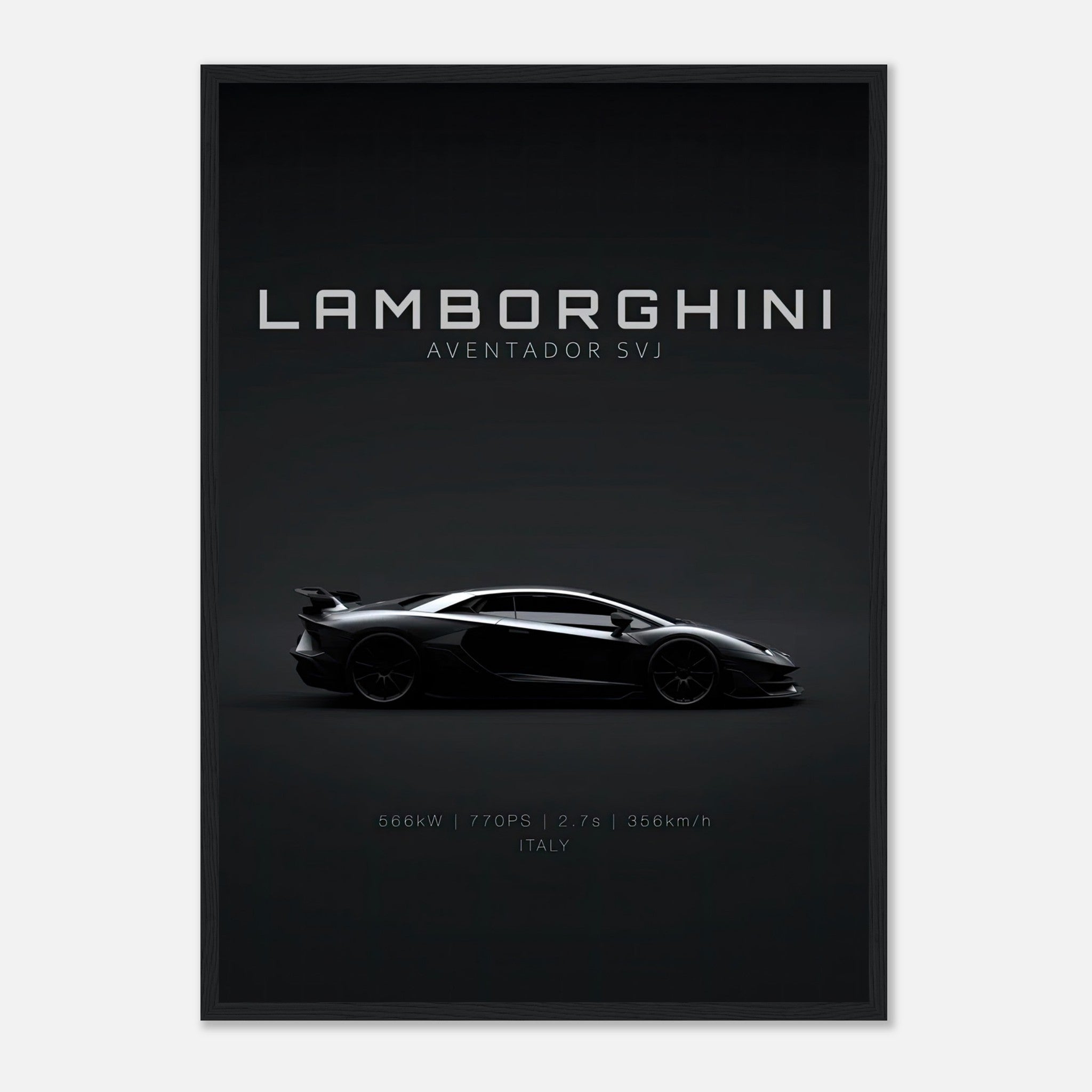 Lamborghini Aventador SVJ framed poster showcasing sleek silhouette and specifications on a dark background.