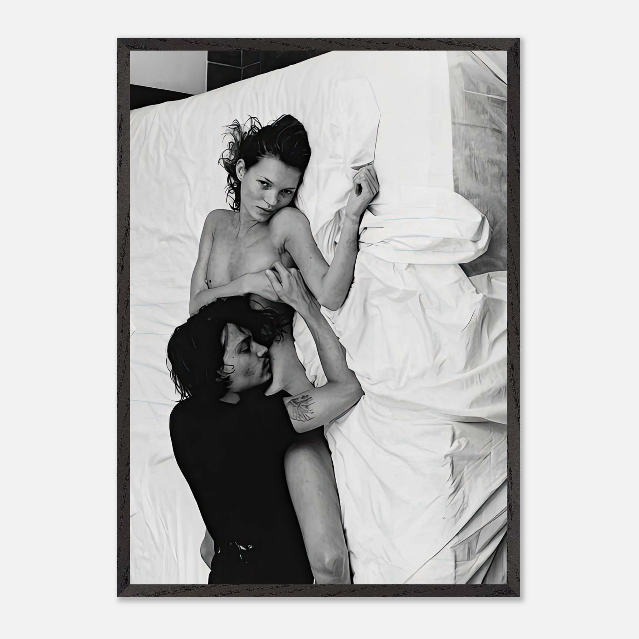 Vintage framed print of Kate Moss and Johnny Depp in black-and-white, captured in New York, 1994.