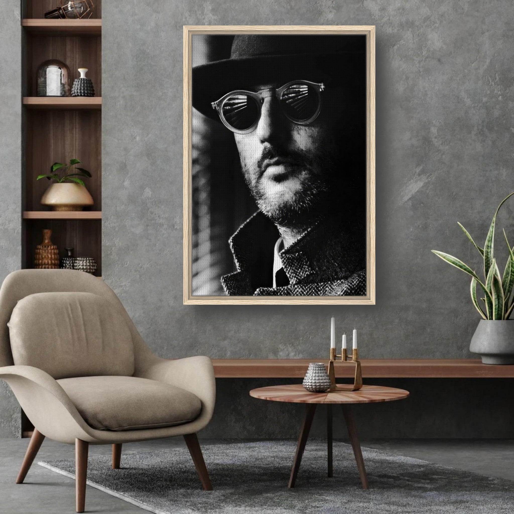 Framed black-and-white portrait of a man in sunglasses, showcasing cinematic elegance in modern interior decor.