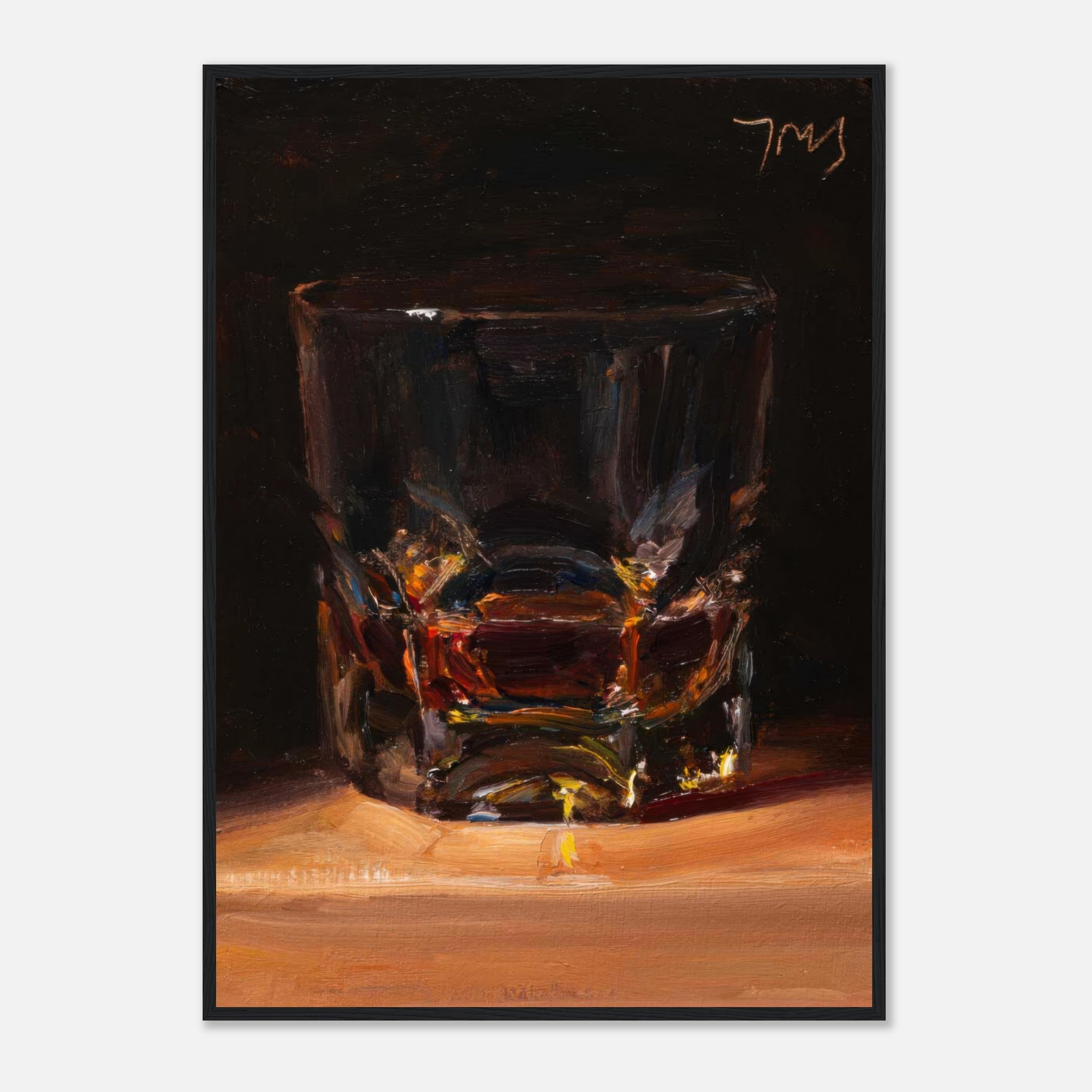 Whiskey framed print featuring a beautifully captured glass of amber whiskey on a dark background.