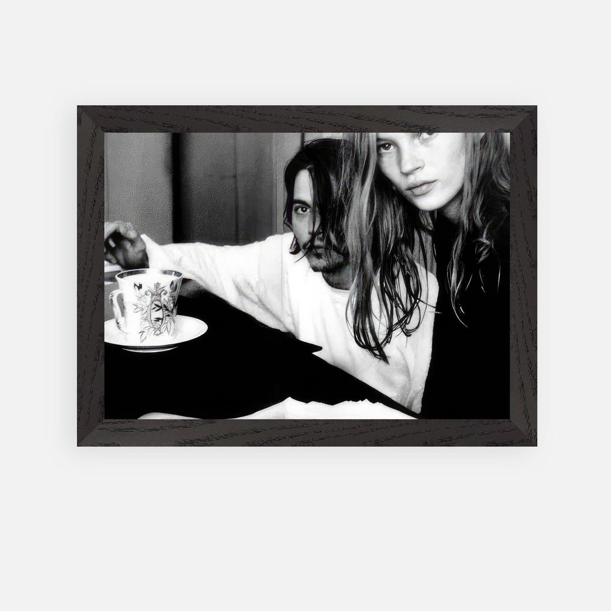 Rebel Romance vintage framed art featuring Johnny Depp and Kate Moss in black-and-white portrait by François-Marie Banier.