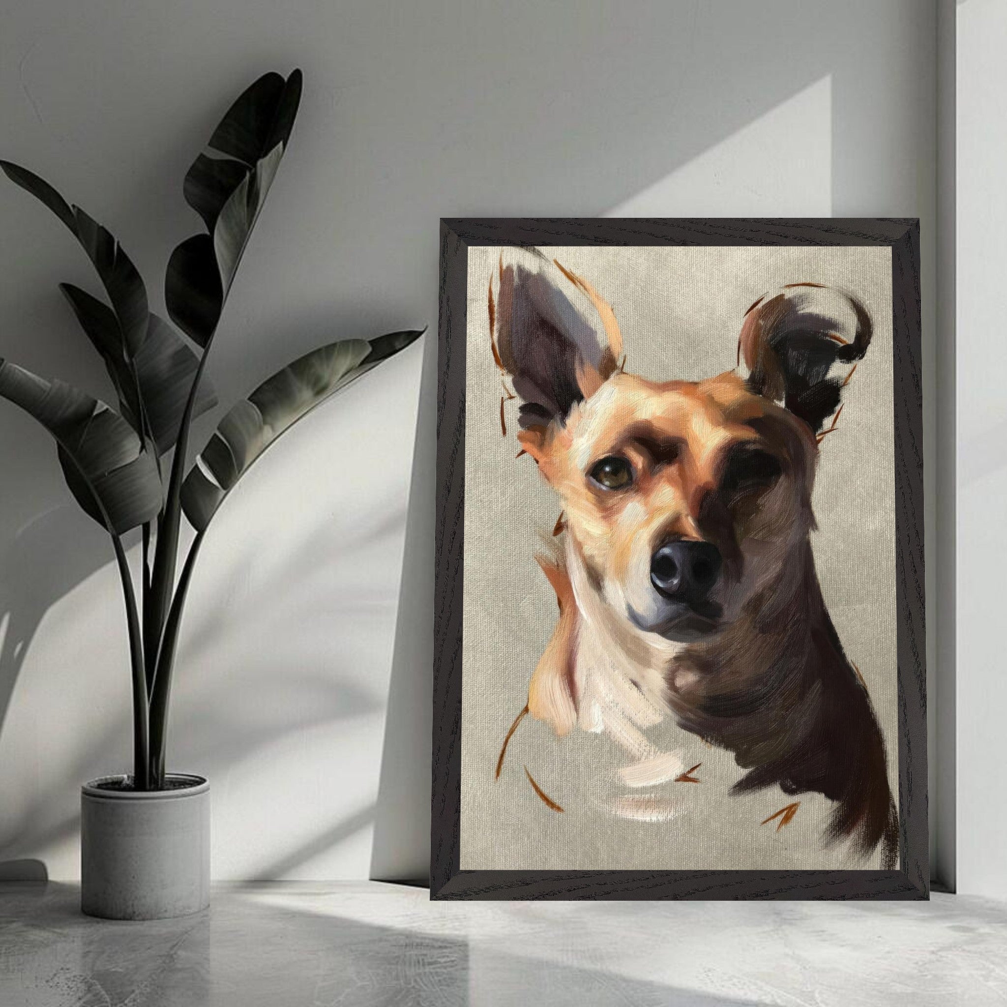 Chihuahua dog painting in vintage frame, adding charm to home decor with expressive brushstrokes and warm colors.