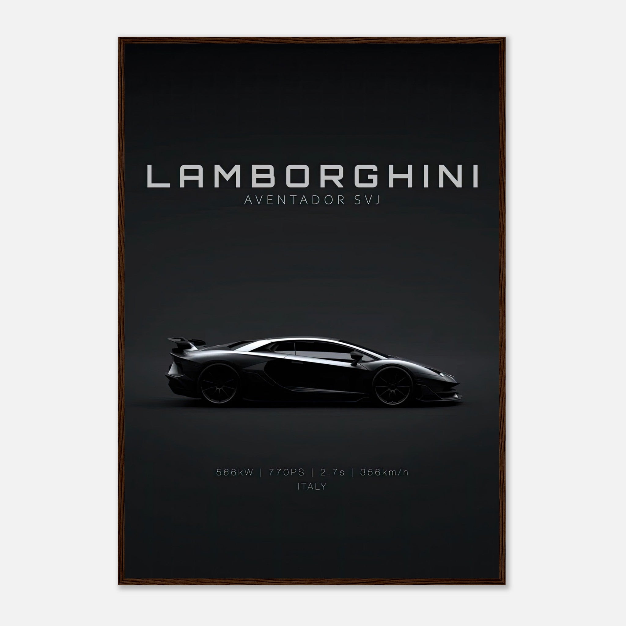 Lamborghini Aventador SVJ framed poster showcasing its sleek silhouette and specifications, perfect for automotive enthusiasts.
