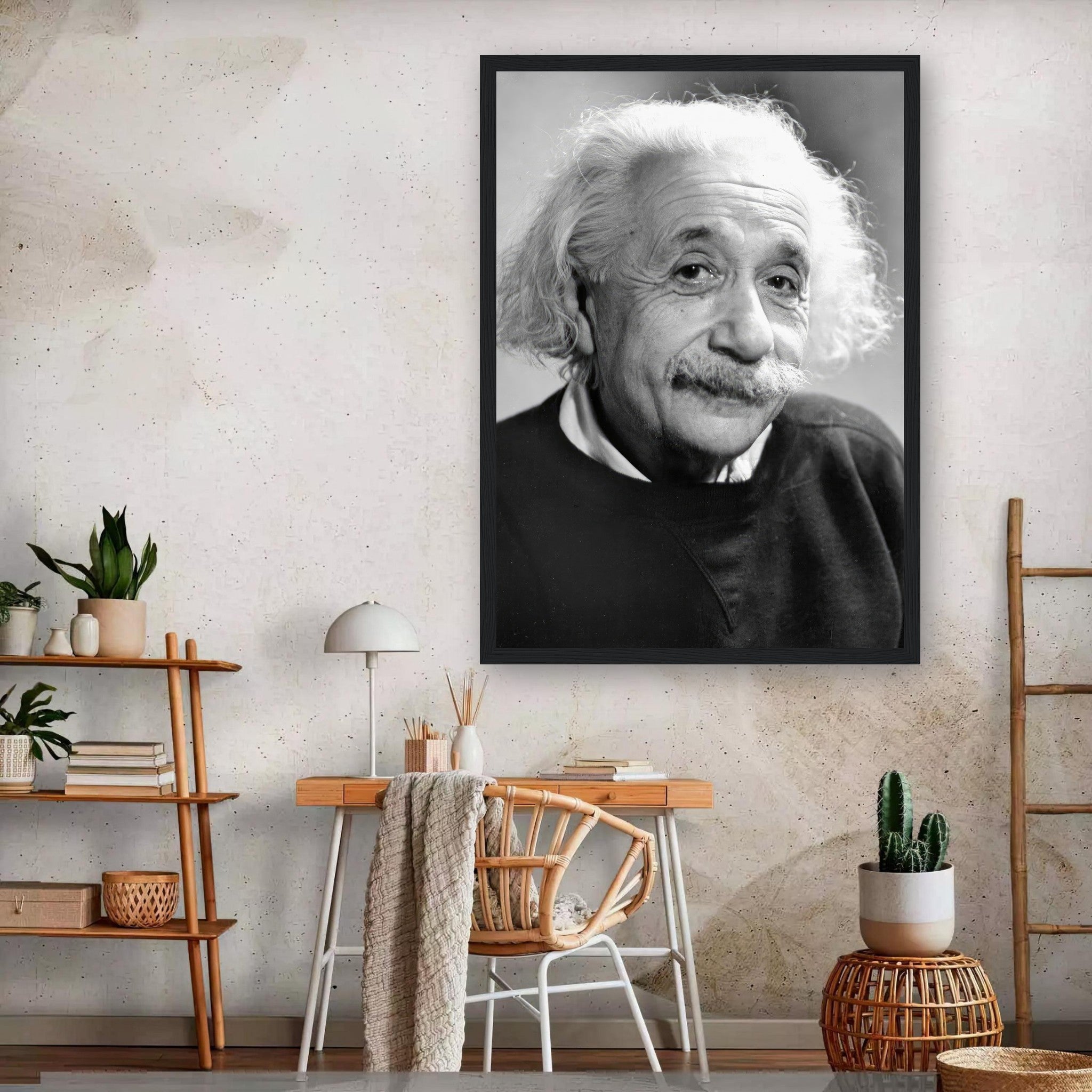 Framed black-and-white print of Albert Einstein (1946) in a stylish home setting, emphasizing intellect and inspiration.