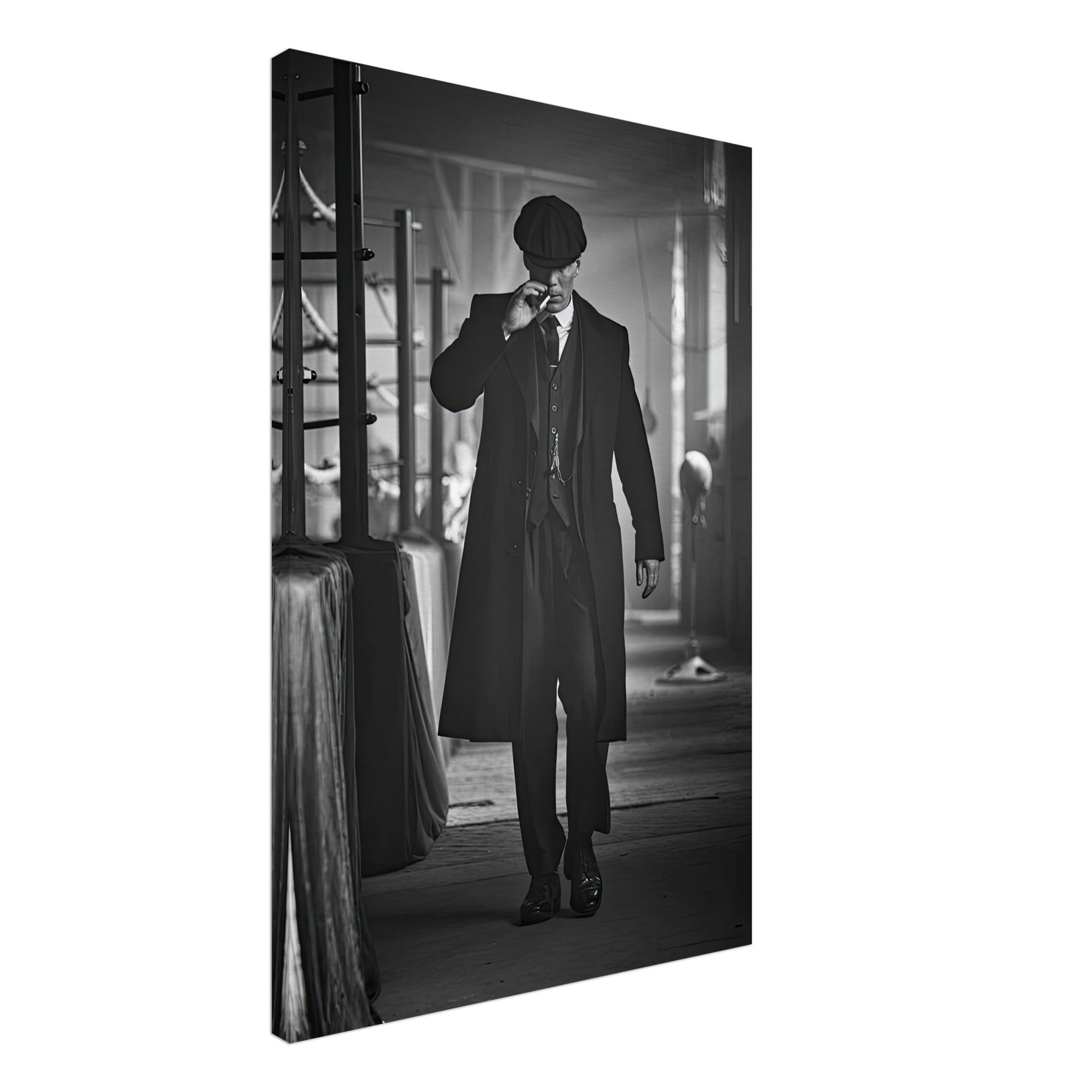 Tommy Shelby from Peaky Blinders walking confidently in black and white canvas art.