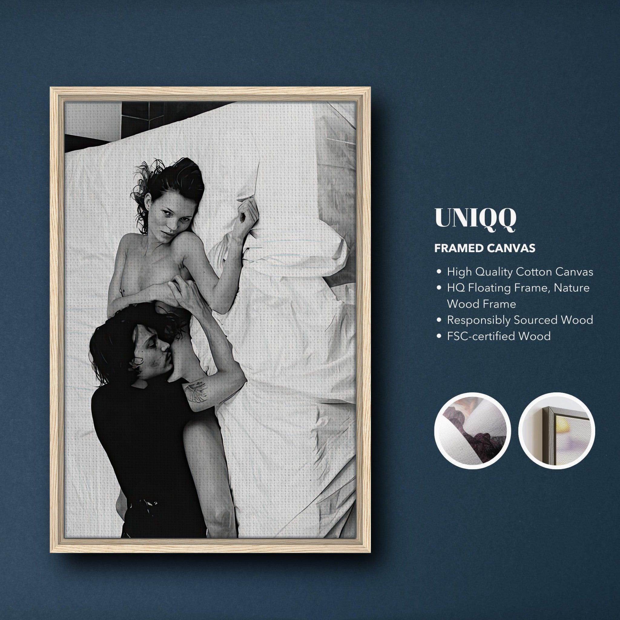 Framed canvas print of intimate moment featuring Kate Moss and Johnny Depp, high-quality cotton canvas.