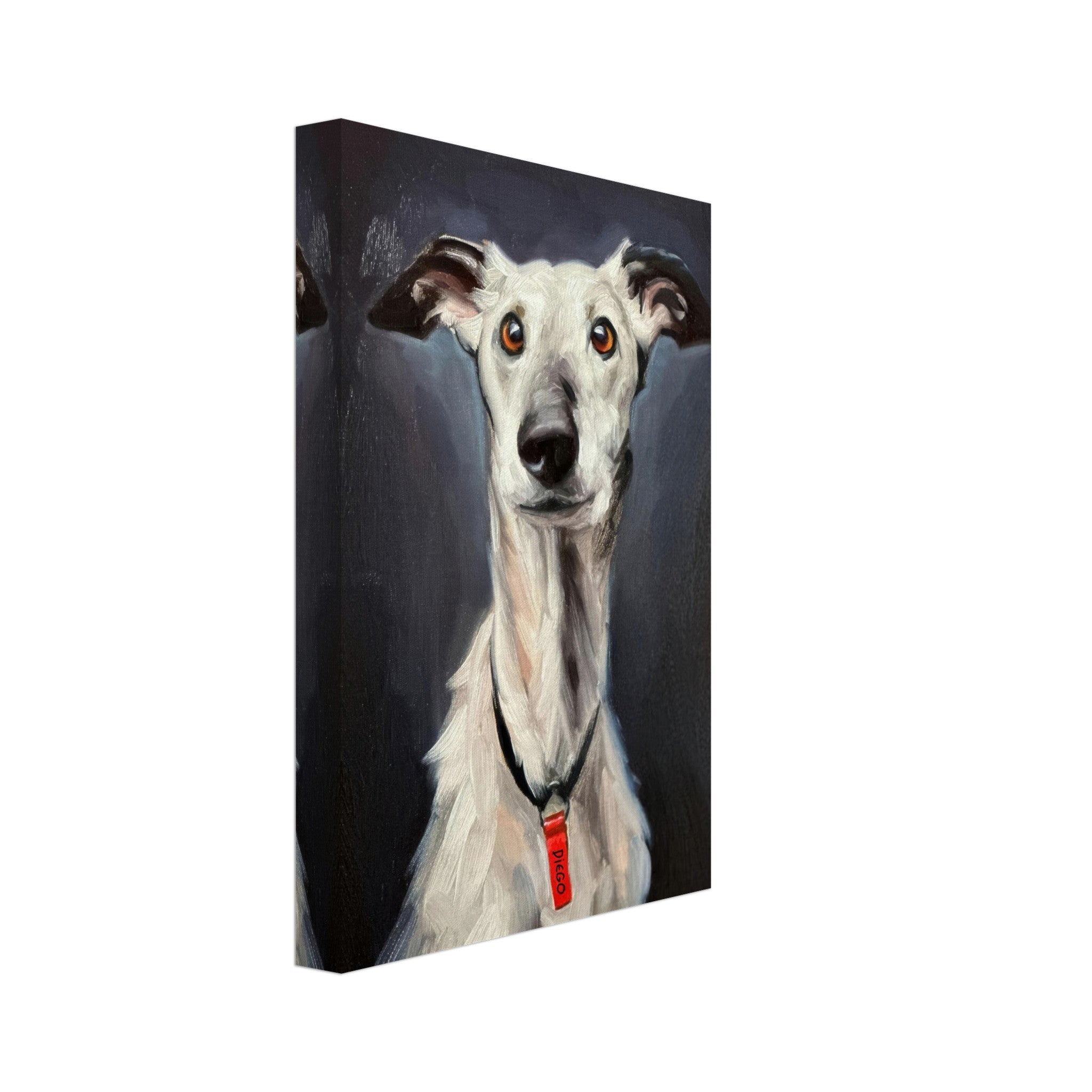 Greyhound dog painting canvas print showcasing a detailed portrait with soulful eyes and elegant features.