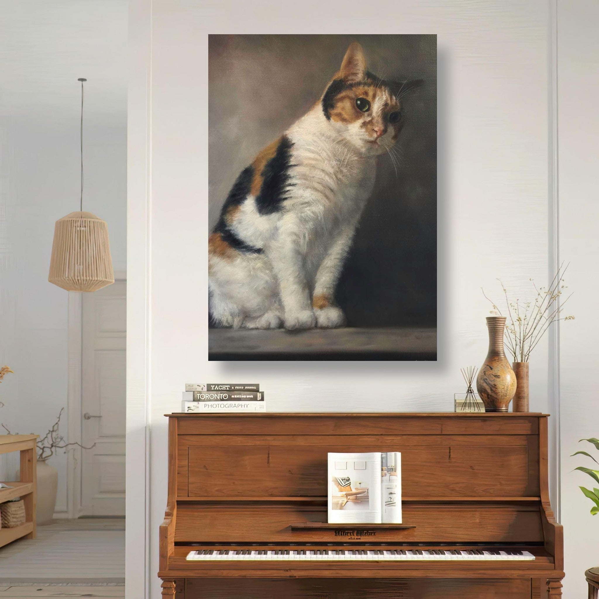 Realistic cat portrait painting metal print displayed above a piano in a stylish home decor setting.