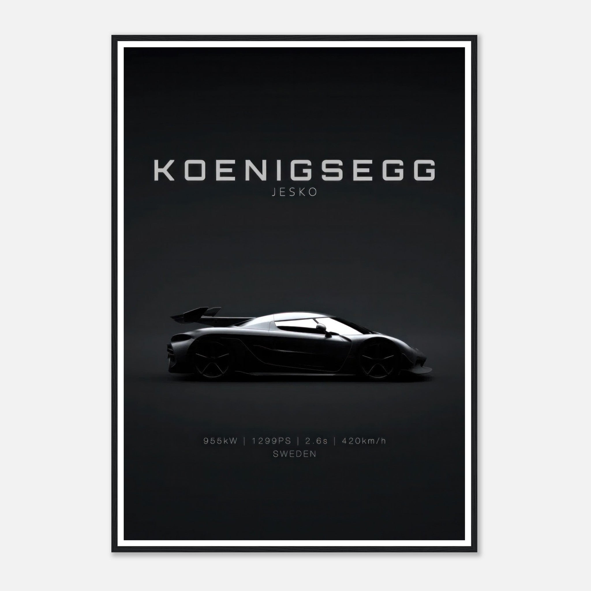 Koenigsegg Jesko framed poster showcasing sleek silhouette against black background, perfect for car enthusiasts.