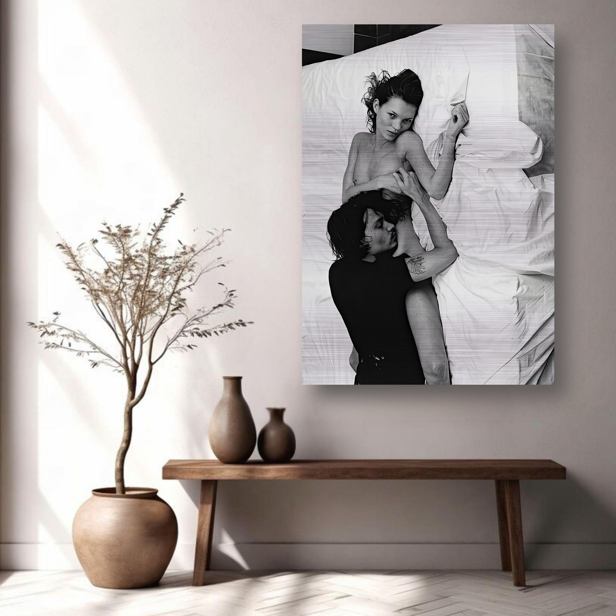 Black-and-white brushed metal print of intimate embrace, capturing 1990s romance by legendary photographer.