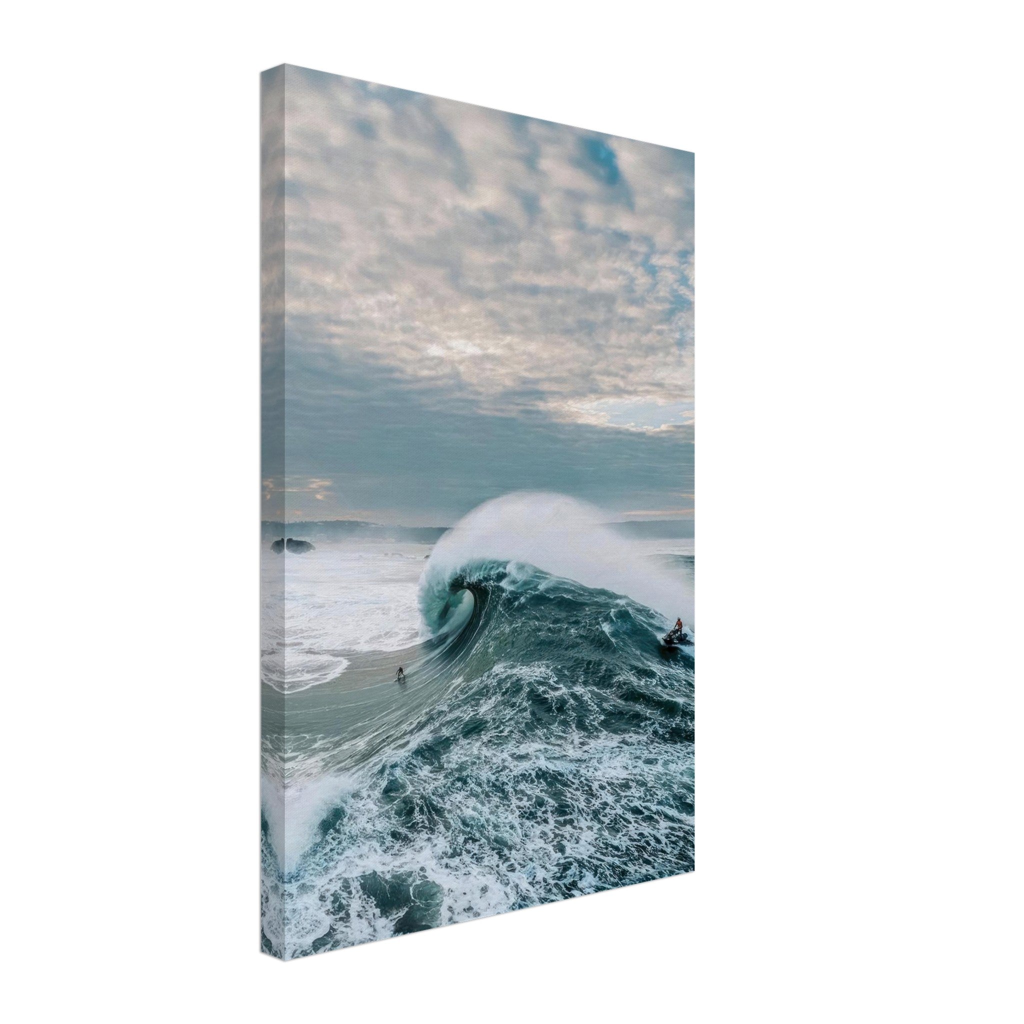 Fearless surfer riding a massive wave in stunning ocean landscape canvas print, capturing the thrill of big wave surfing.