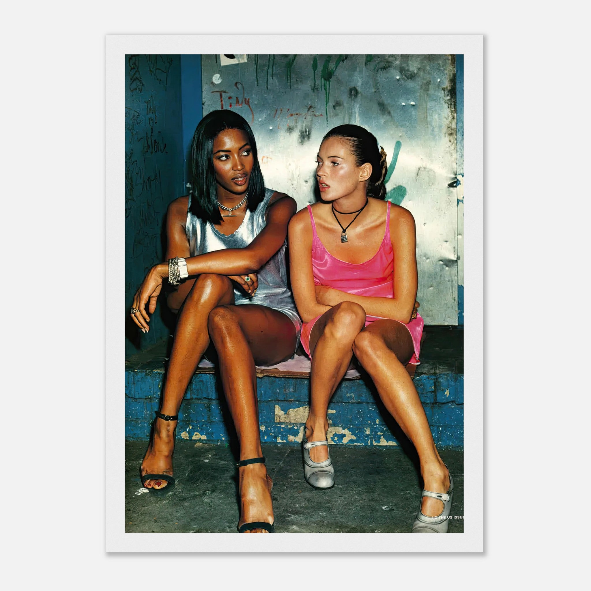 Framed print of Naomi Campbell and Kate Moss capturing 90s fashion elegance and iconic style.