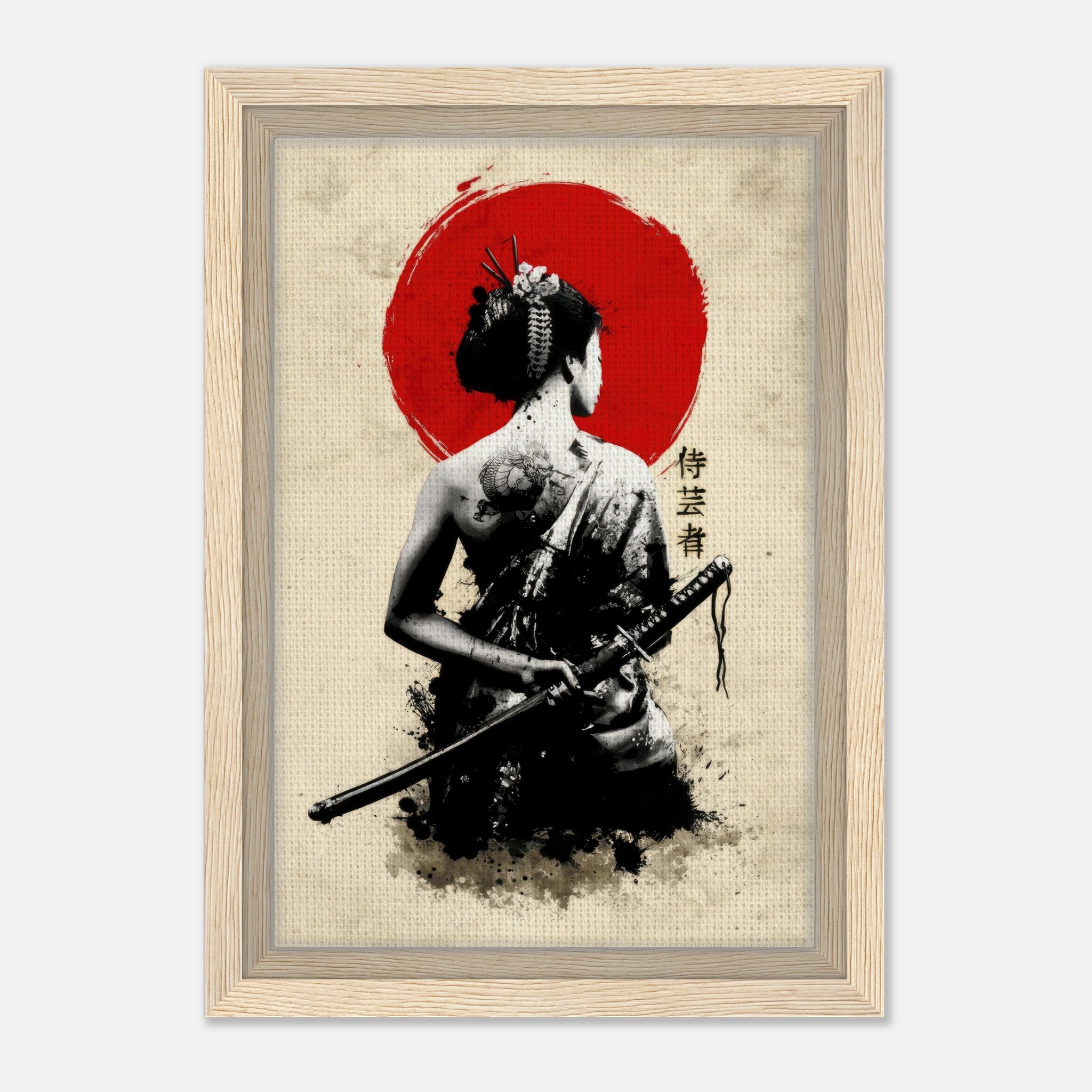 The Samurai Geisha Framed Canvas art features a geisha with a katana against a red sun backdrop.