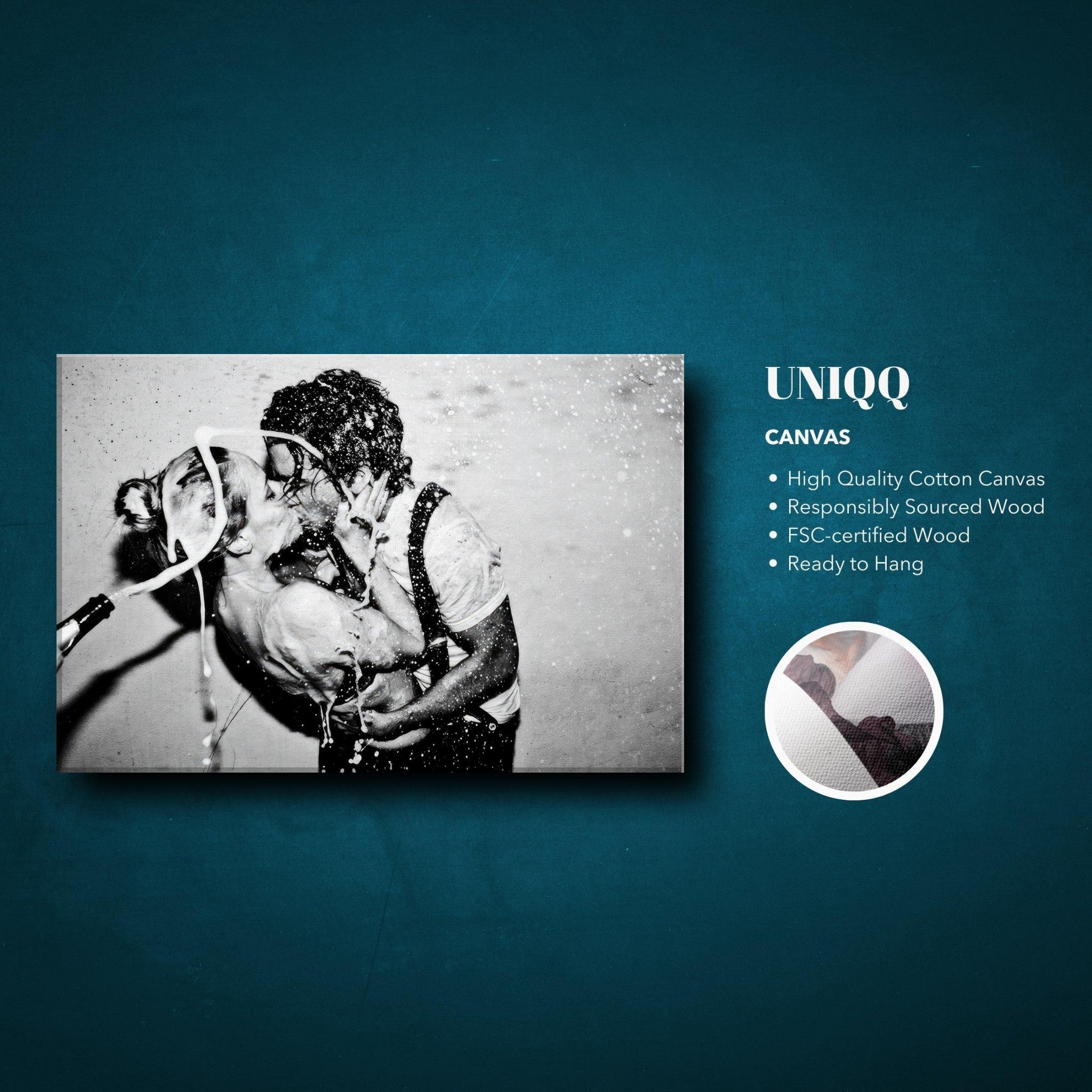 The Champagne Kiss canvas print of Johnny Depp and Kate Moss, showcasing a romantic black-and-white moment.