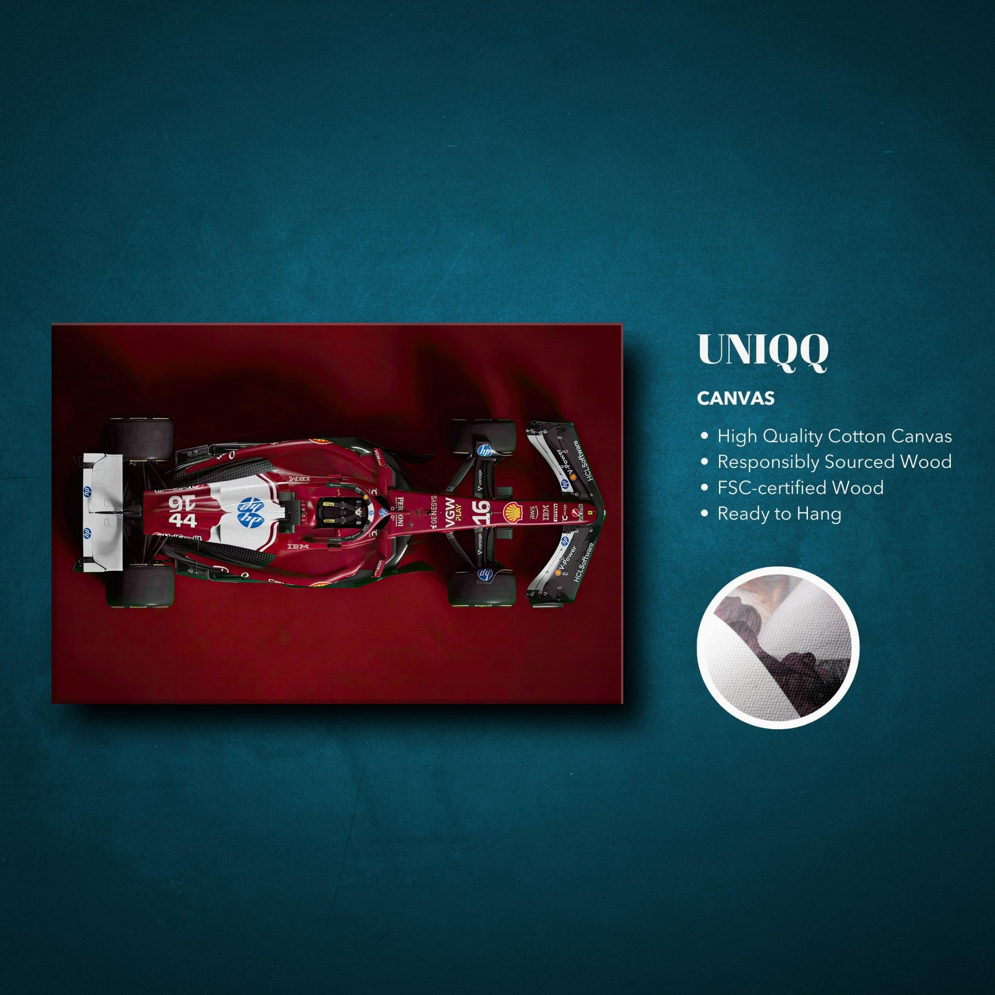 Ferrari F1 2025 canvas print featuring a top-down view of the sleek race car on a rich background.
