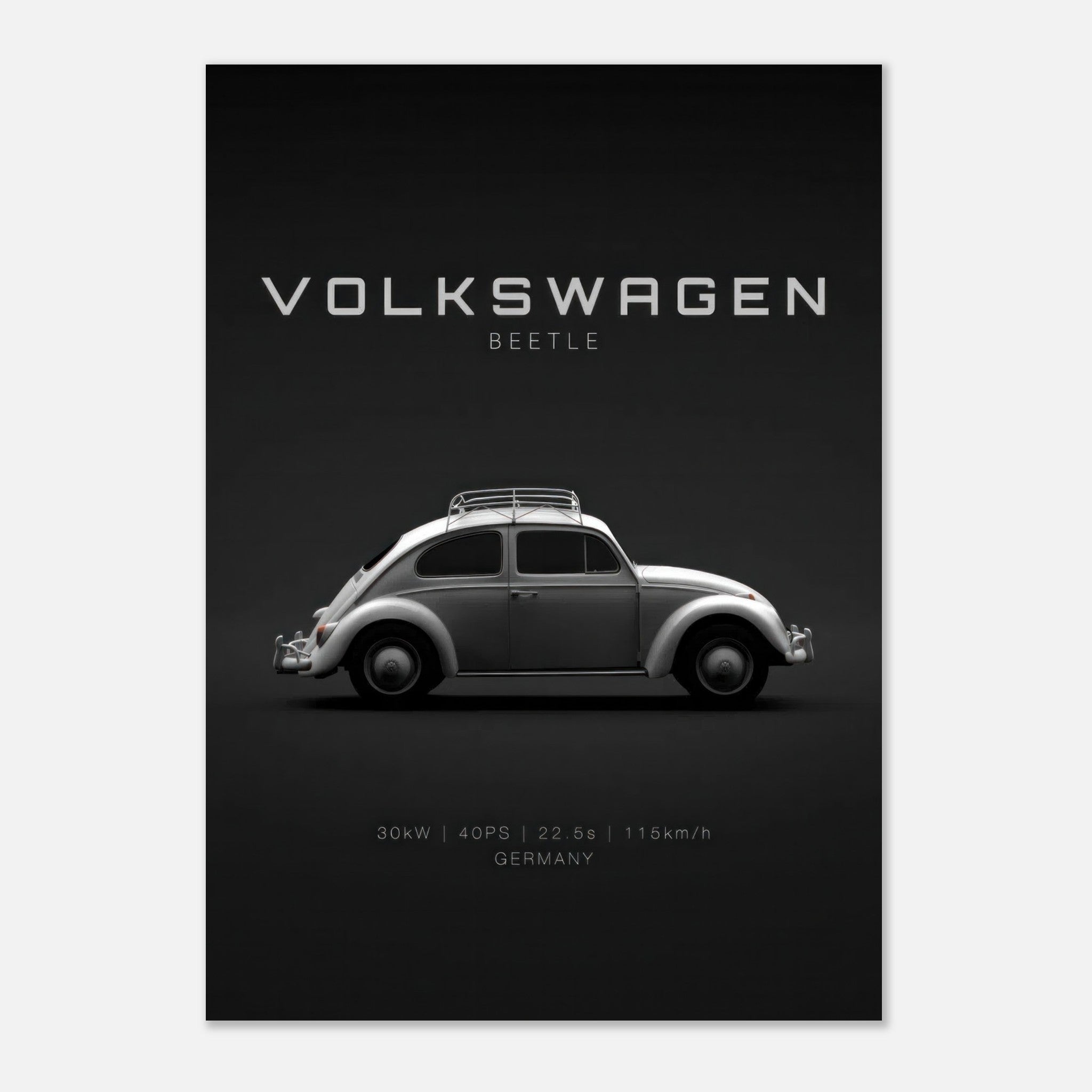 Volkswagen Beetle poster featuring a classic car design on a minimalist dark background.
