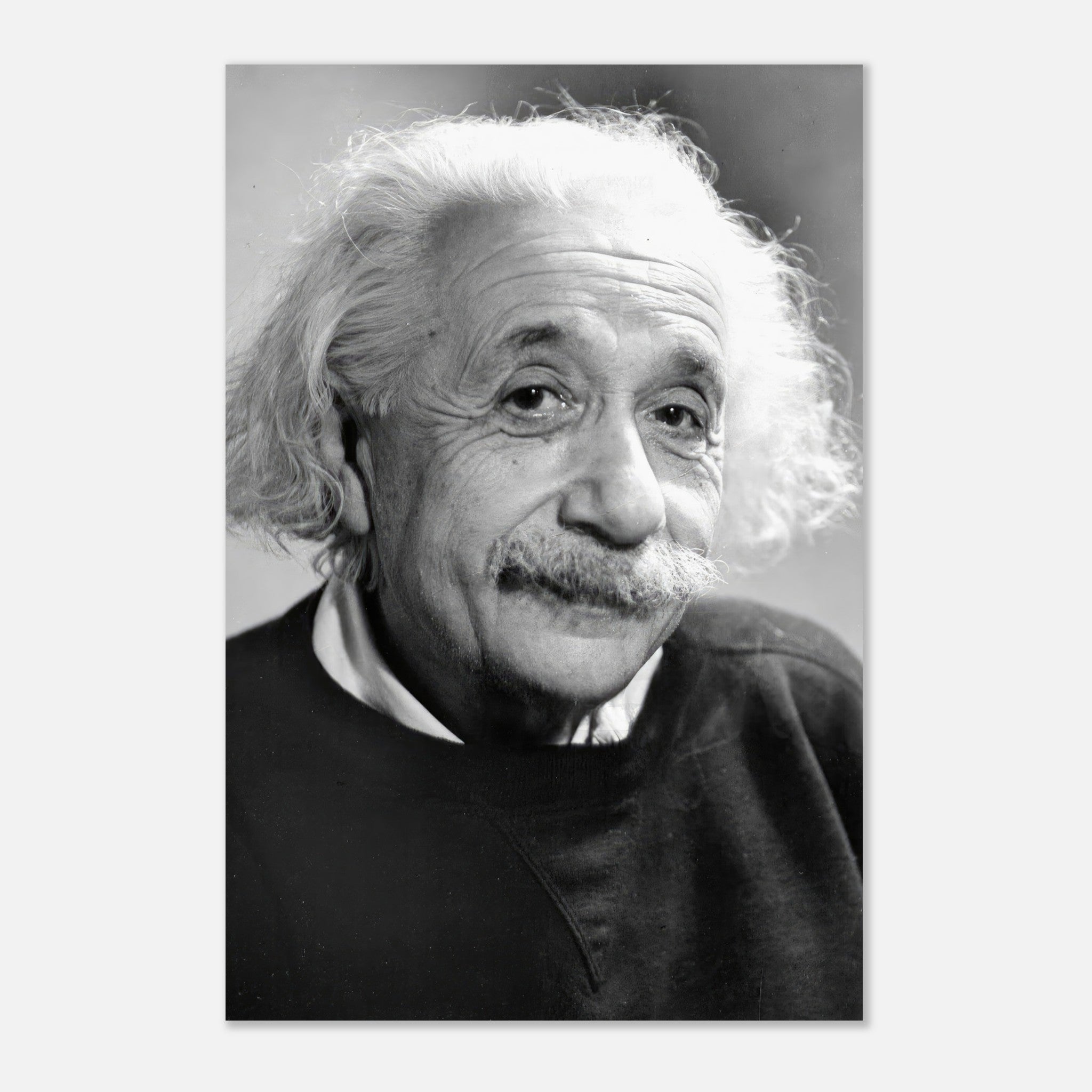 Albert Einstein 1946 metal print, black-and-white portrait of the famous physicist, showcasing wisdom and warmth.