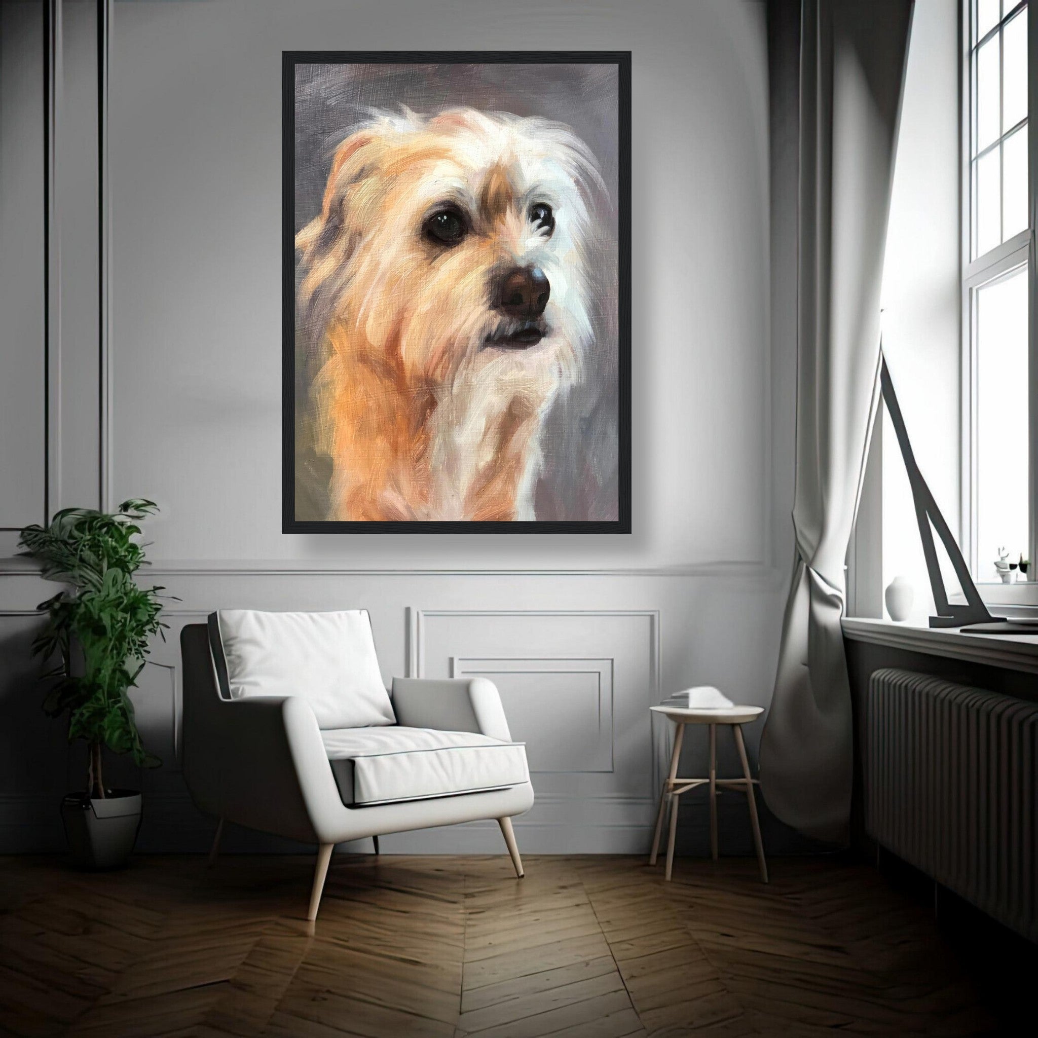 Framed terrier dog painting showcasing detailed fur and expressive eyes in a cozy home interior.