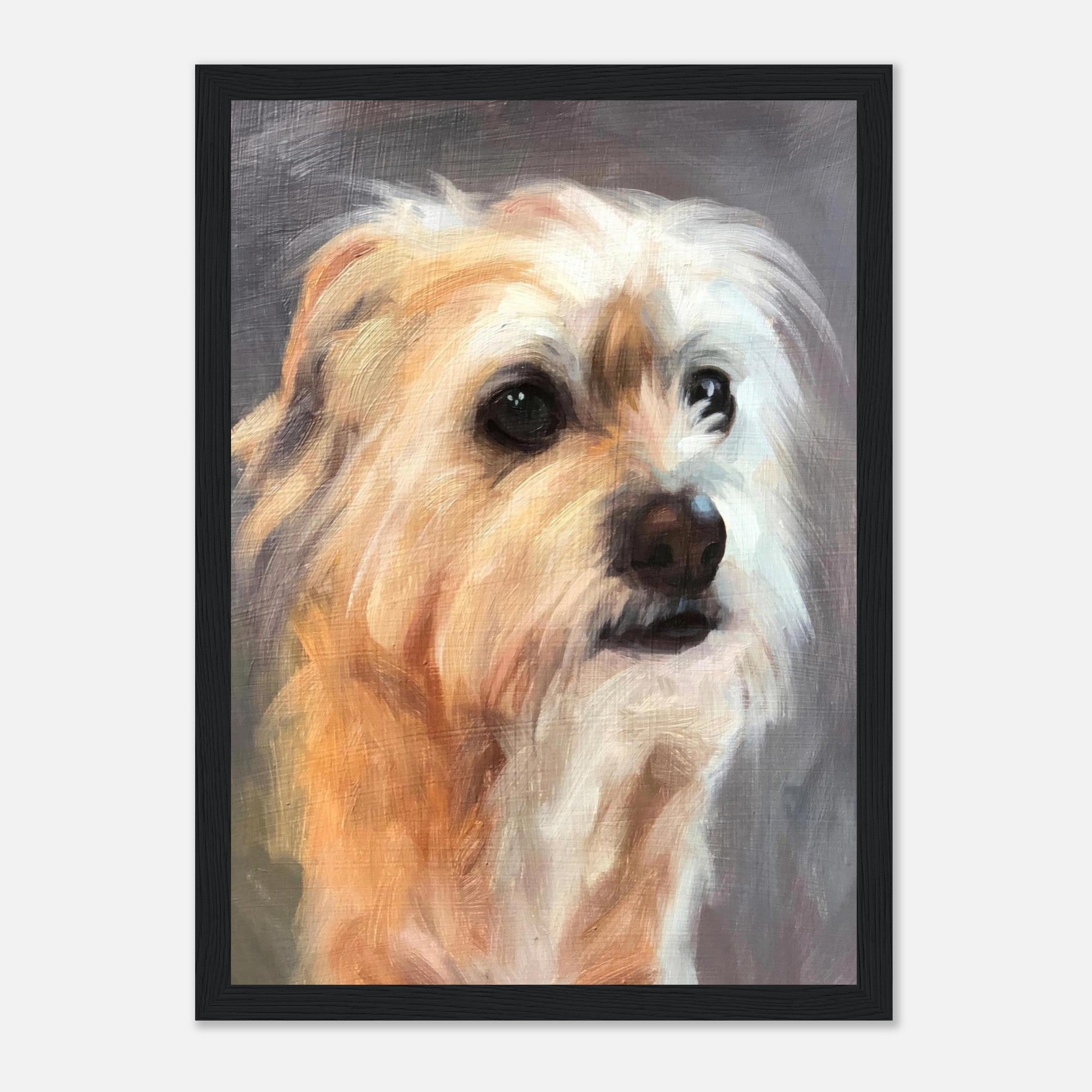 Framed print of a terrier dog painting, capturing its expressive eyes and textured fur, perfect for dog lovers.